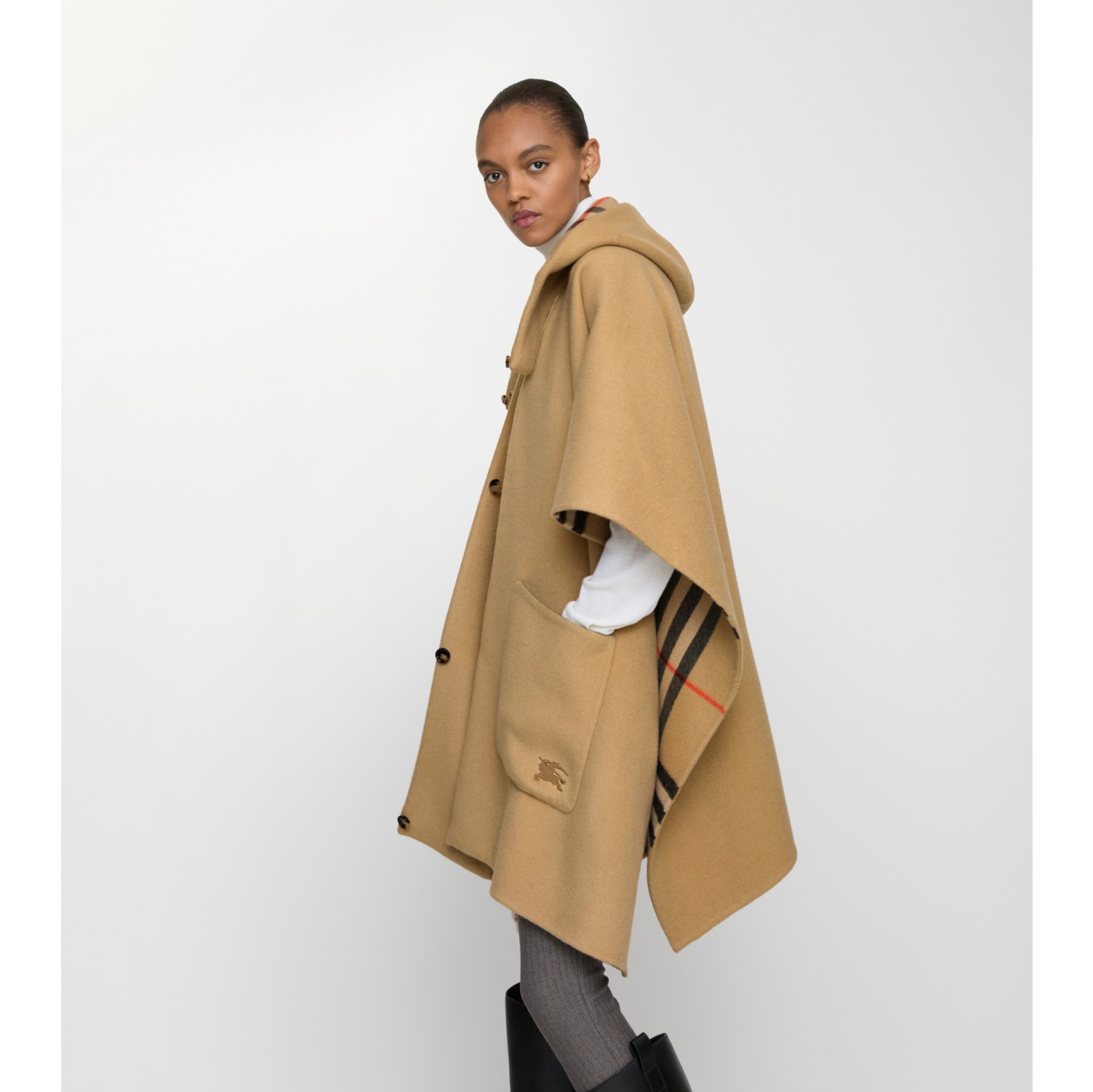 Reversible Shearling Trim Check Cashmere Cape