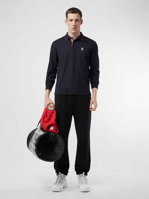 Burberry Long-sleeve Monogram Motif Cotton Piqué Polo Shirt In 海军蓝