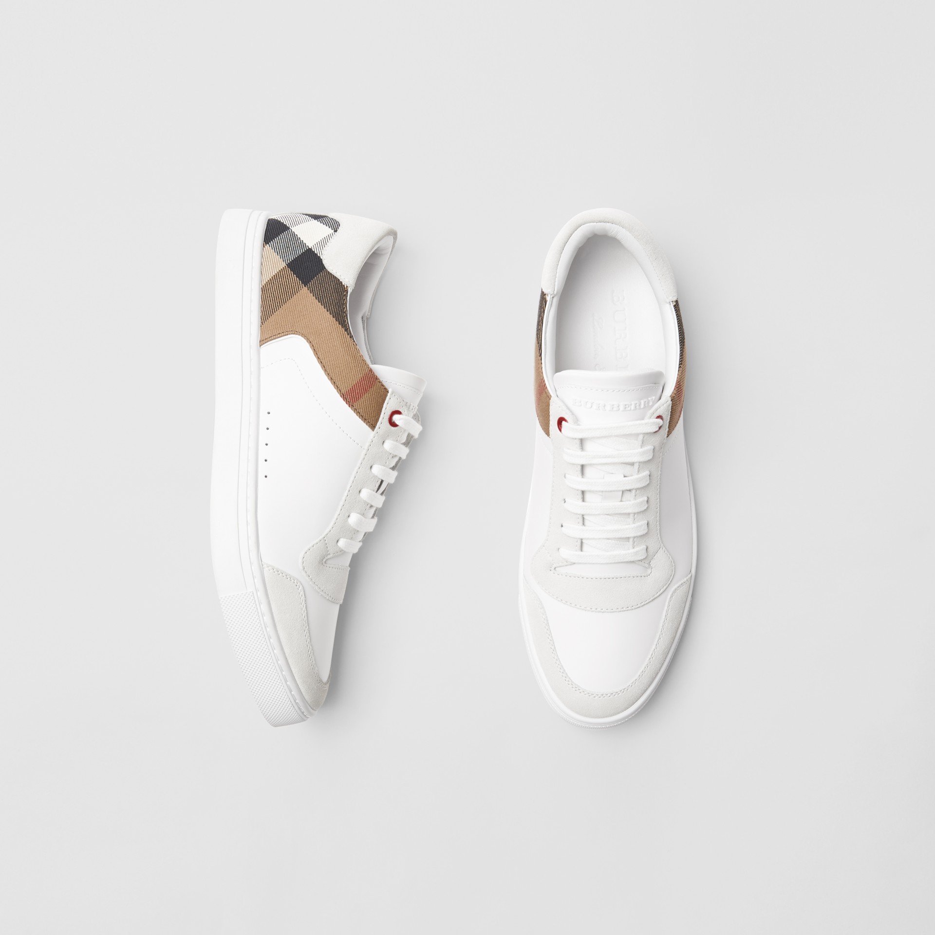 Leather and House Check Sneakers in Optic White Men Burberry United States
