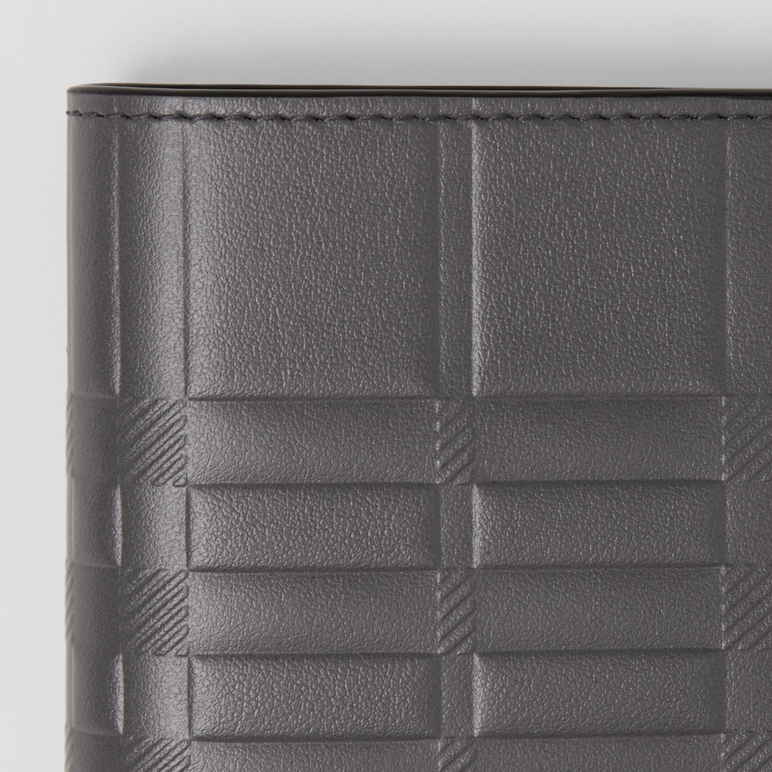 Embossed Check Leather Bifold Coin Wallet in Dark Ash Grey Men