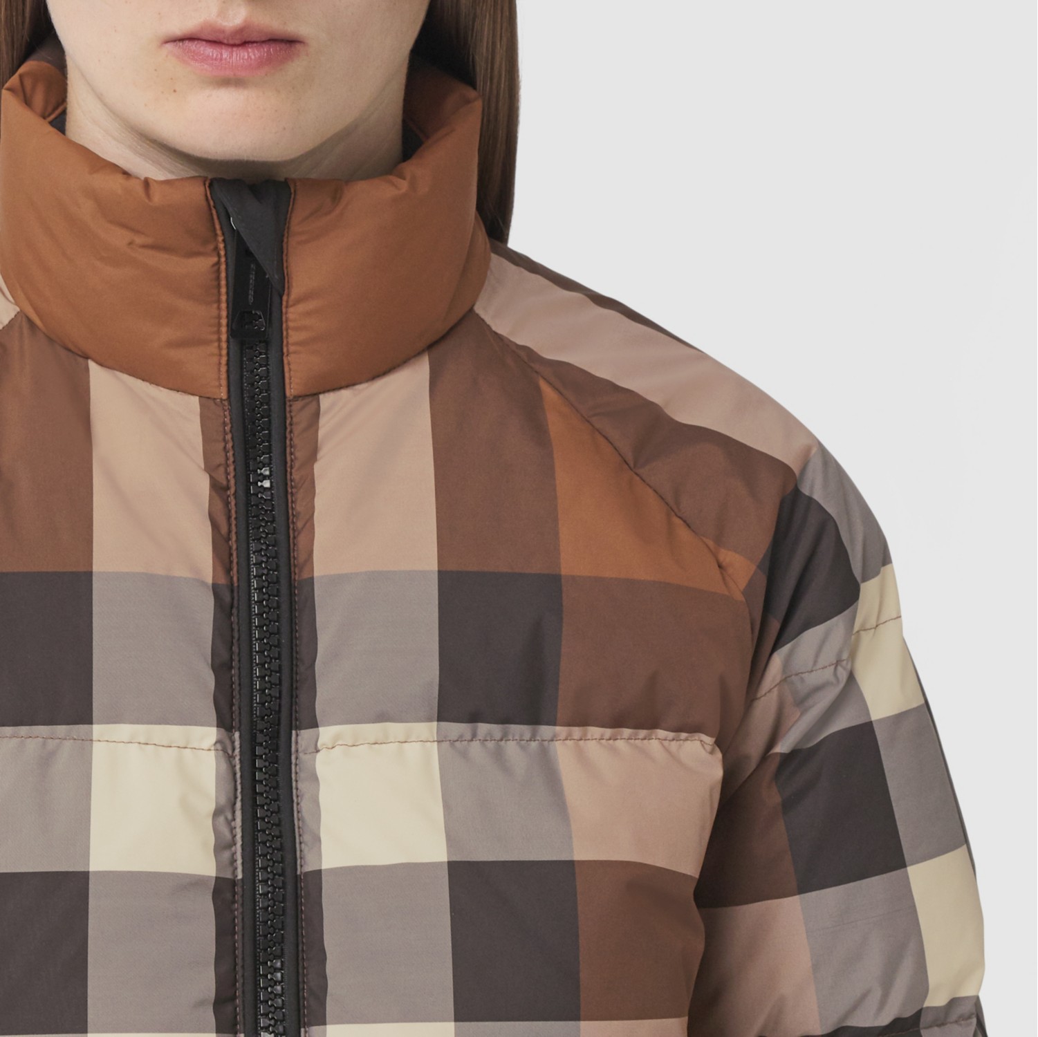 Check Cropped Puffer Jacket in Dark birch brown - Women, Nylon