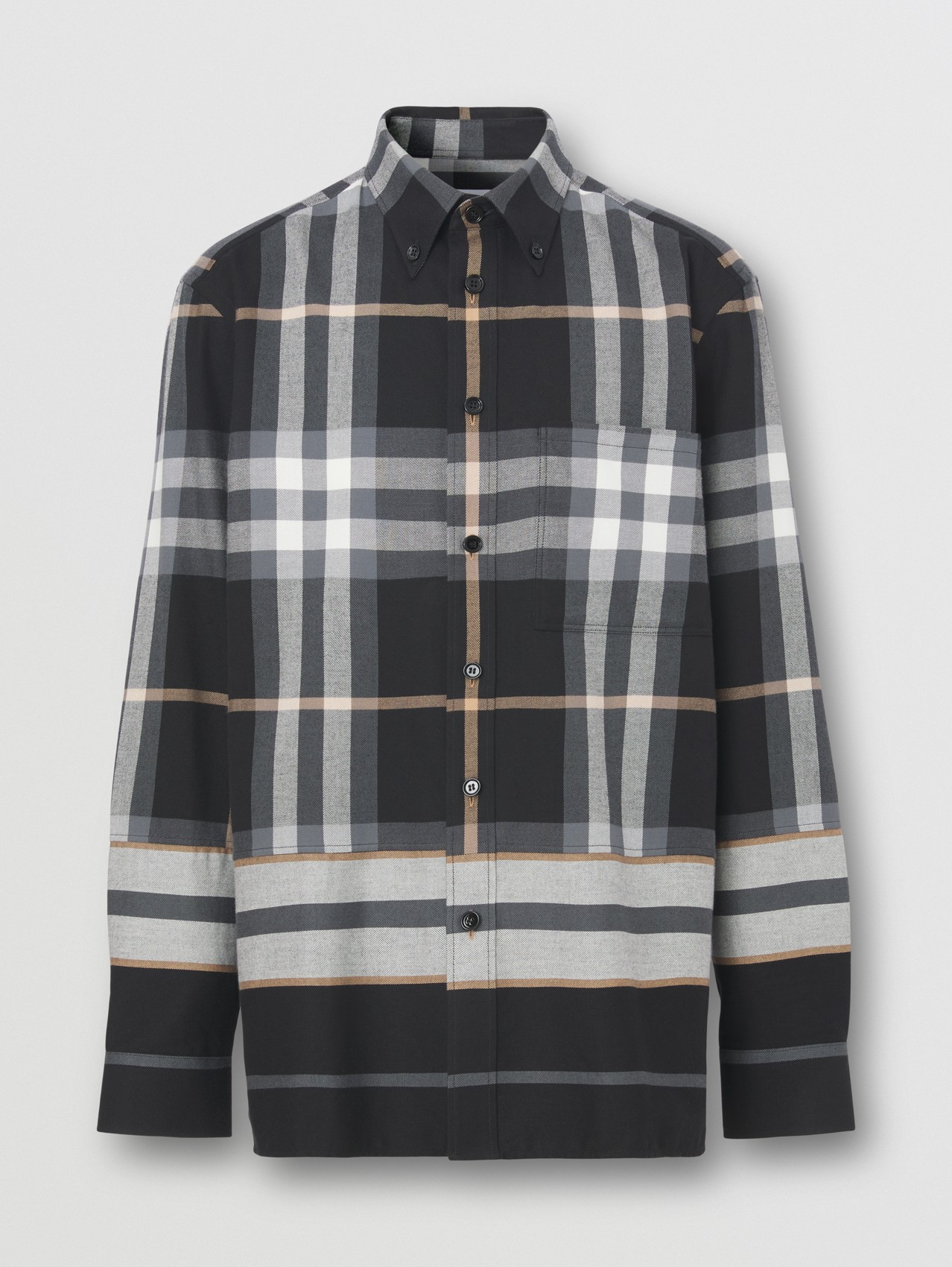 Check and Stripe Cotton Flannel Shirt in Black