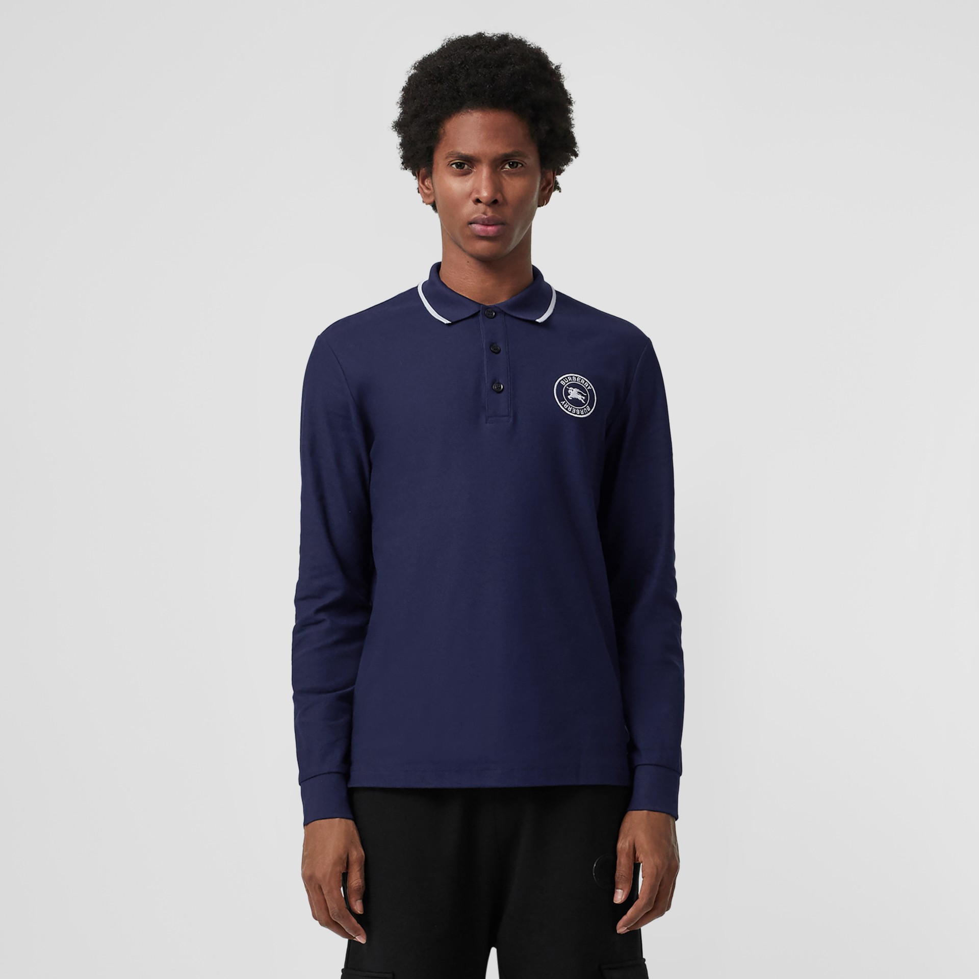 Long-sleeve Embroidered Logo Cotton Polo Shirt in Navy | Burberry ...