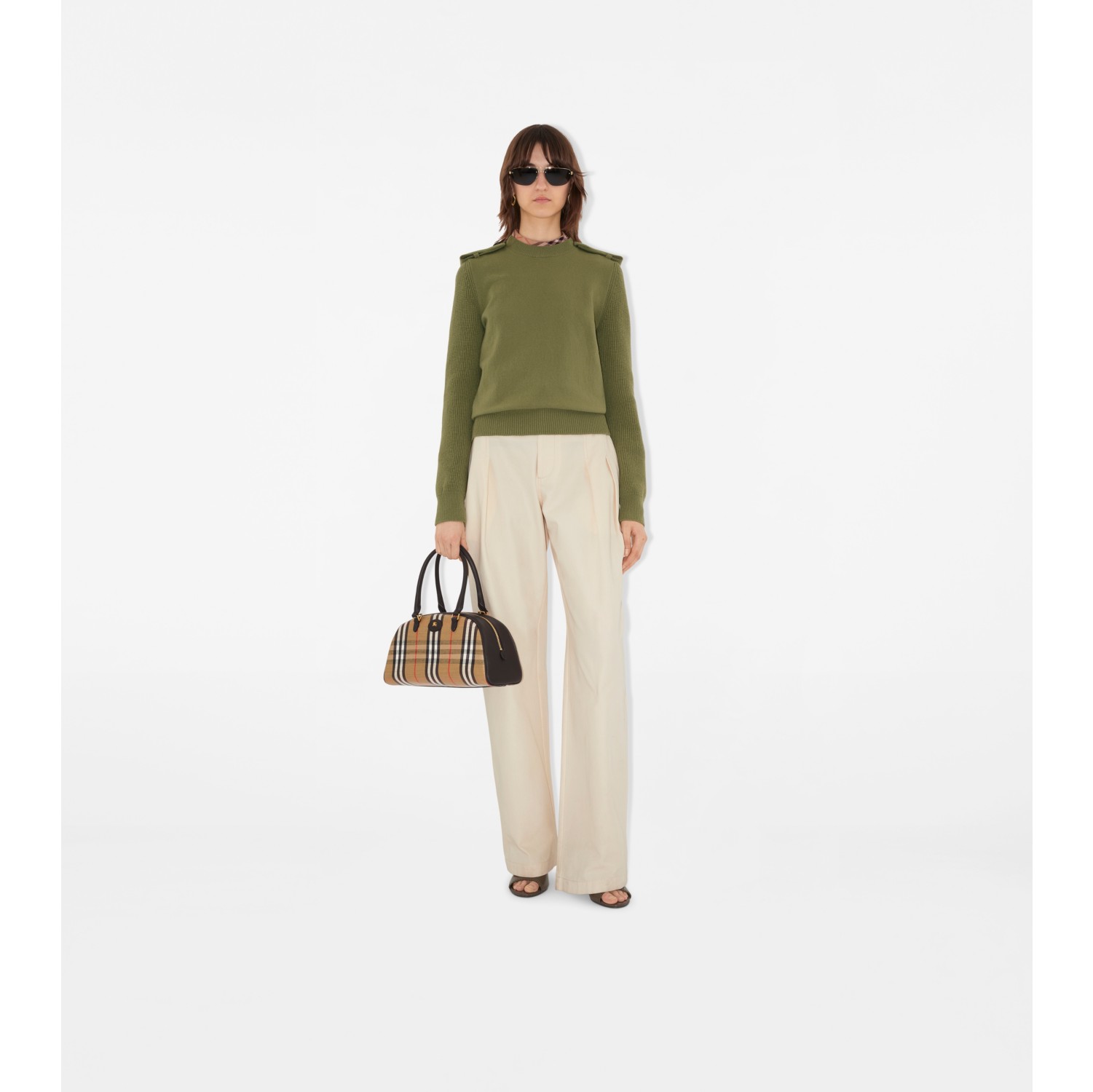 Check Epaulette Wool Cashmere Blend Sweater