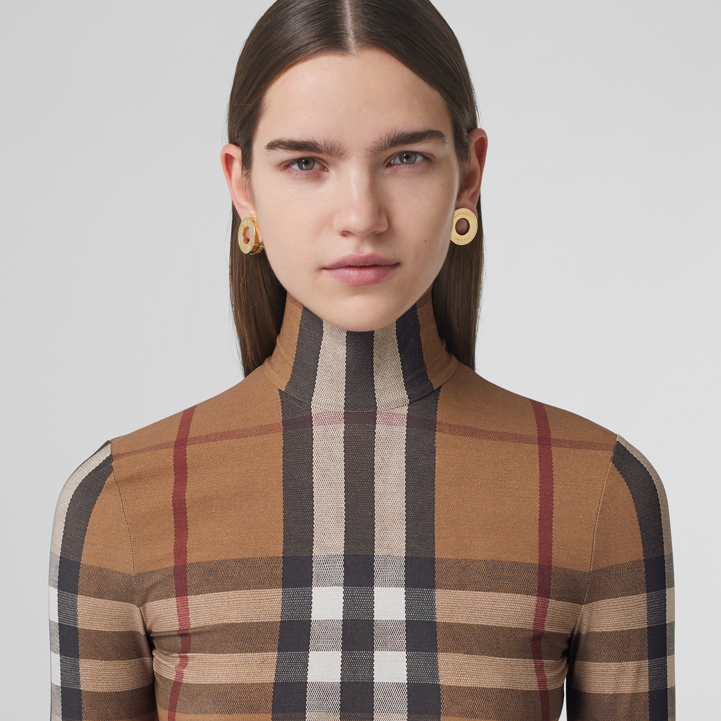 Vintage Check Stretch Jersey Turtleneck Top in Birch Brown - Women | Burberry® Official - 2