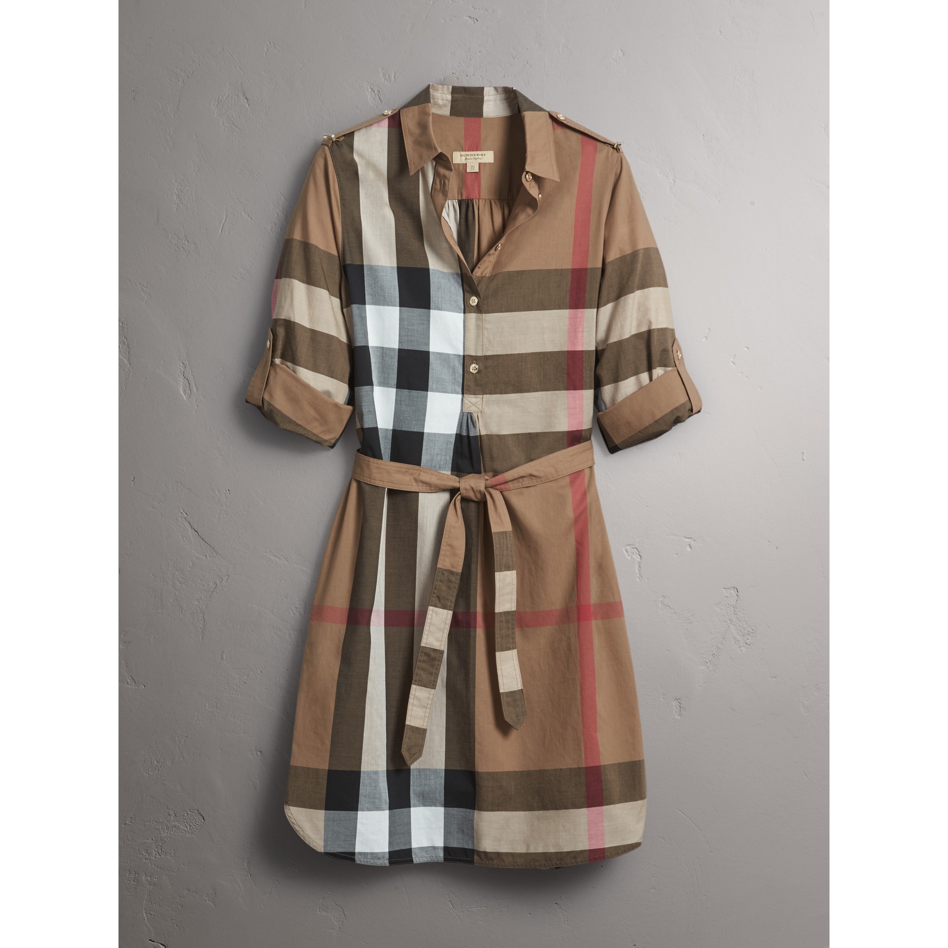 Check Cotton Shirt Dress in Taupe Brown - Women | Burberry United States