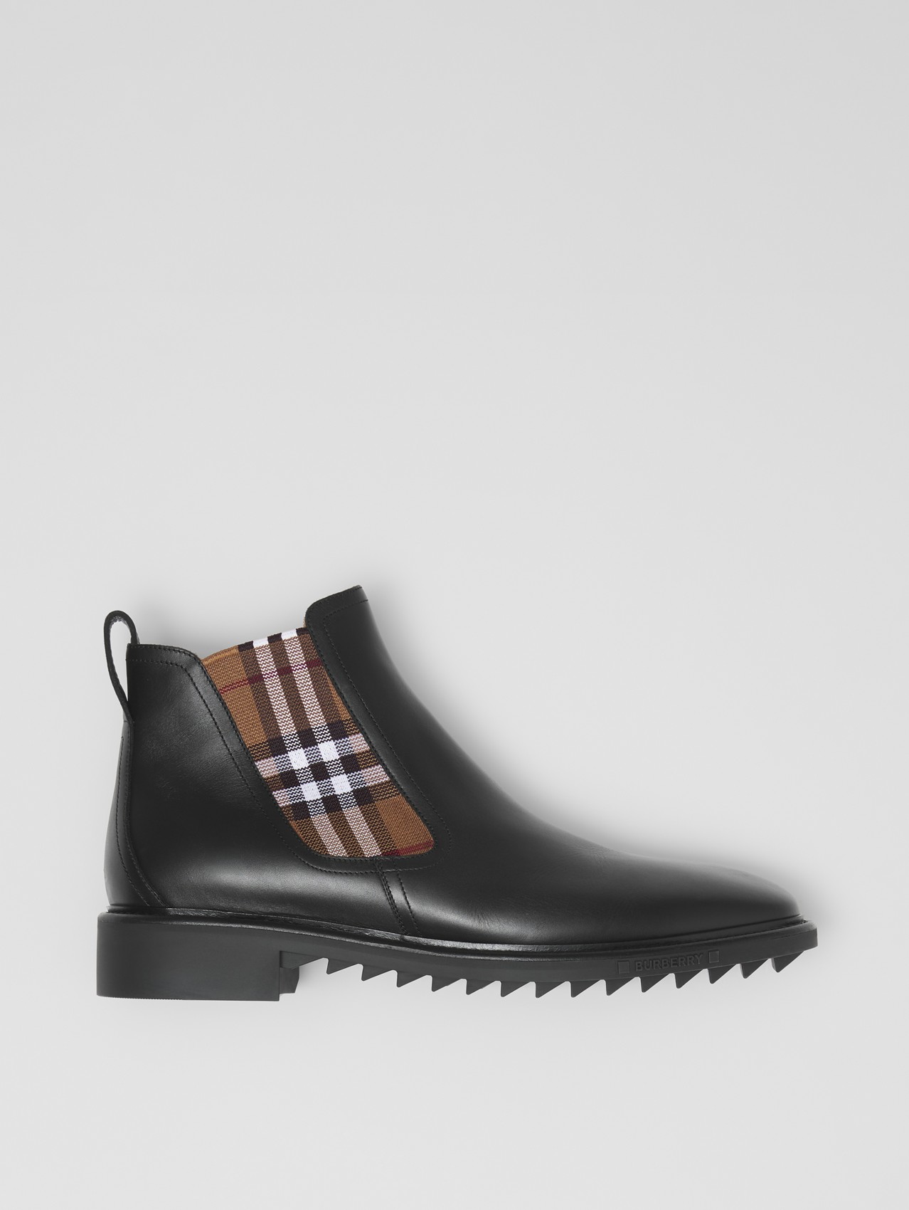 Vintage Check Detail Leather Chelsea Boots in Black/birch Brown