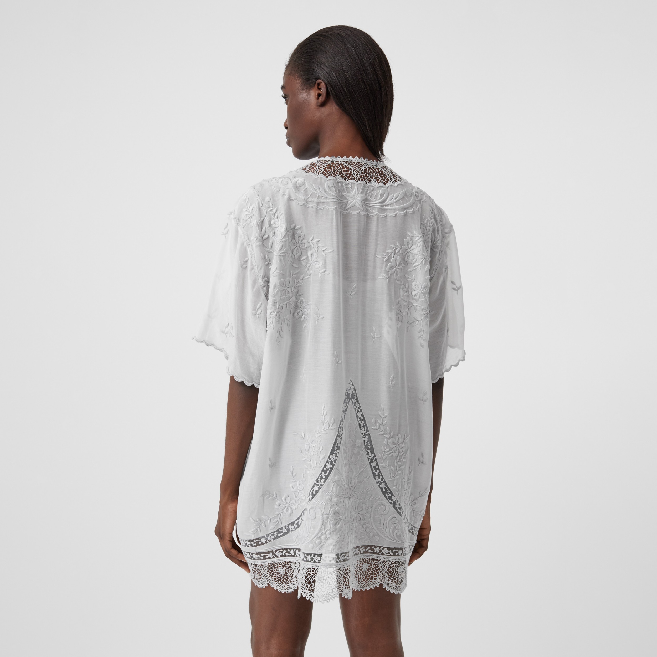 Lace Trim Swan Print Embroidered Cotton Dress in Light Pebble Grey