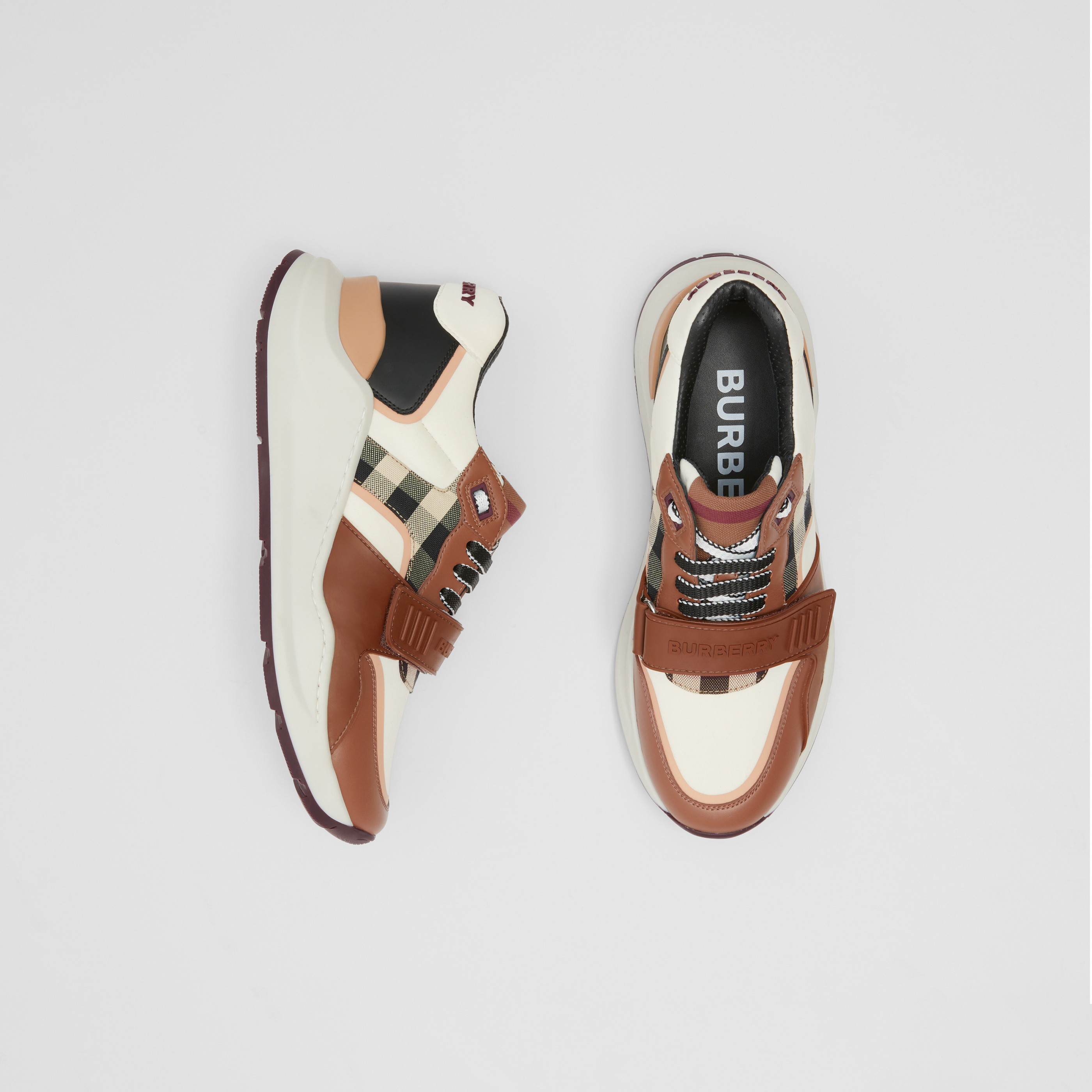 Check Cotton, Nylon and Leather Sneakers in White/birch Brown 