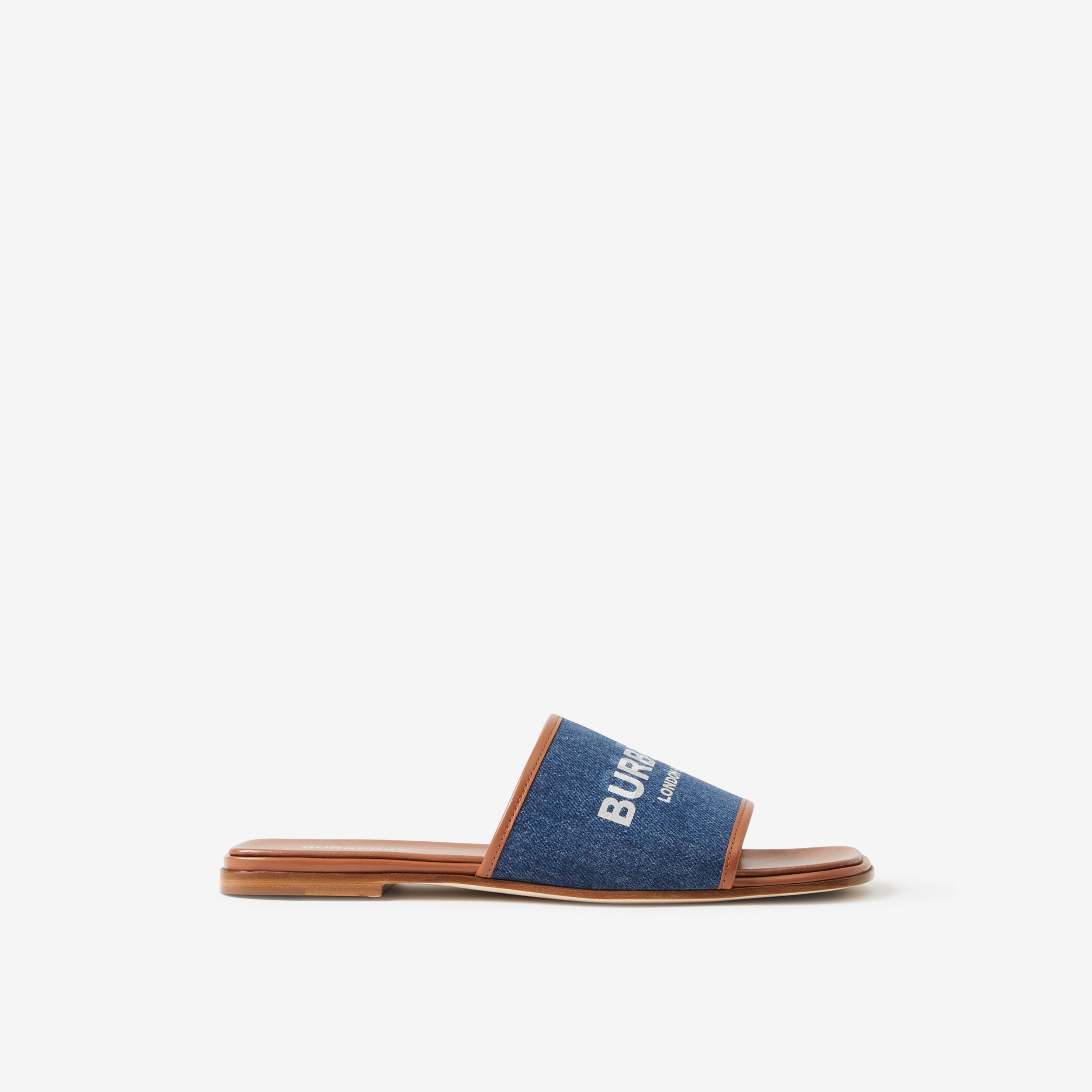 Label Print Denim and Leather Slides in Tan/denim - Women | Burberry® Official - 1