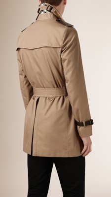 Dark mushroom Leather Detail Cotton Gabardine Trench Coat - Image 3