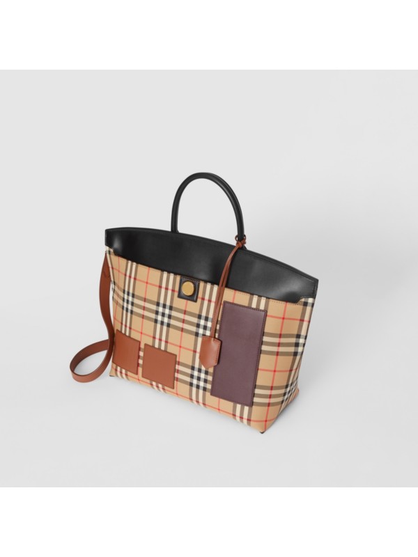 Vintage Check and Leather Society Top Handle Bag in Archive Beige - Women | Burberry Australia