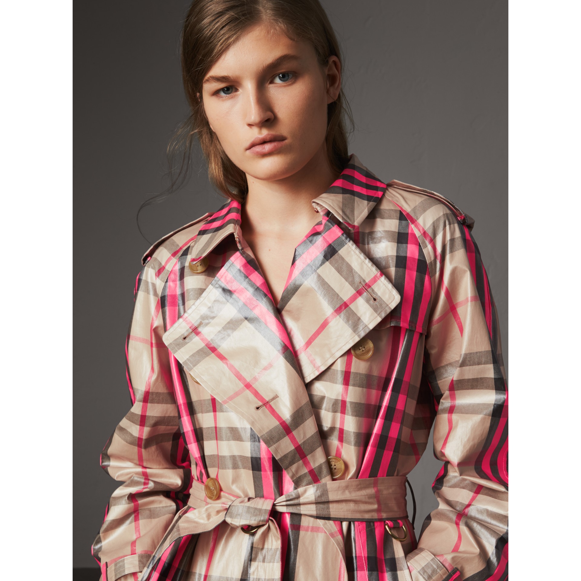 Laminated Check Trench Coat in Neon Pink Women Burberry United States