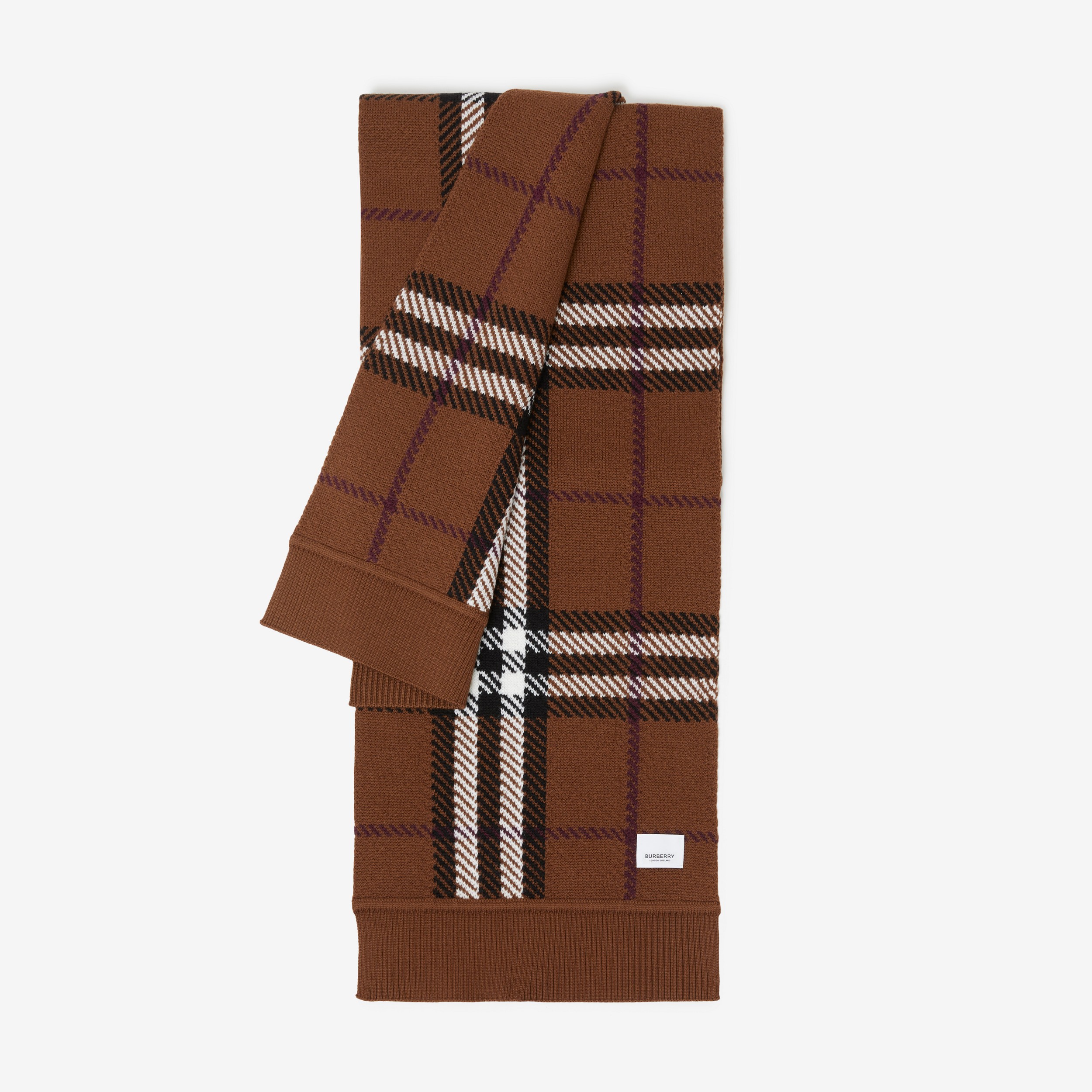 Check Wool Blend Knitted Scarf in Dark Birch Brown | Burberry® Official - 3