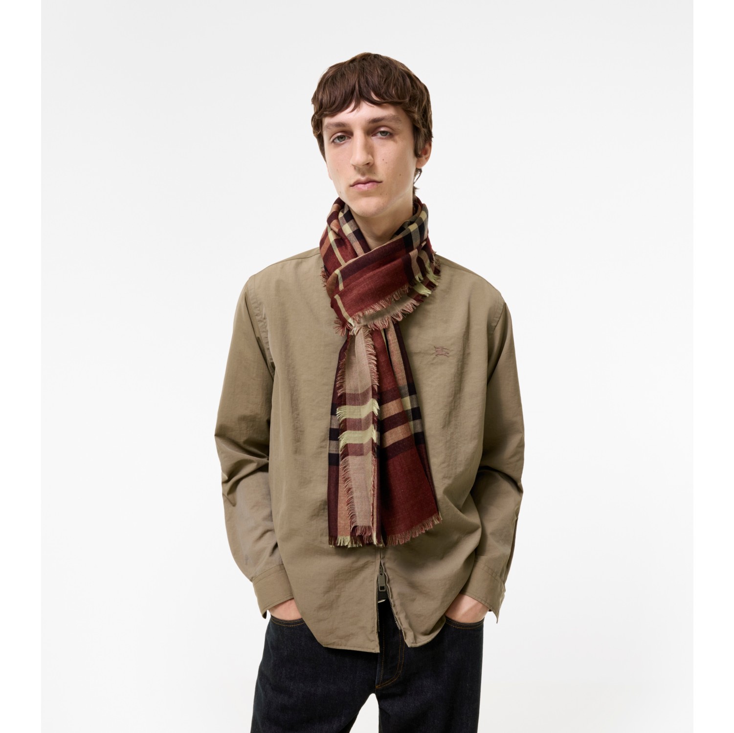 Wide Reversible Check Wool Silk Scarf in Vineyard red | Burberry® Official
