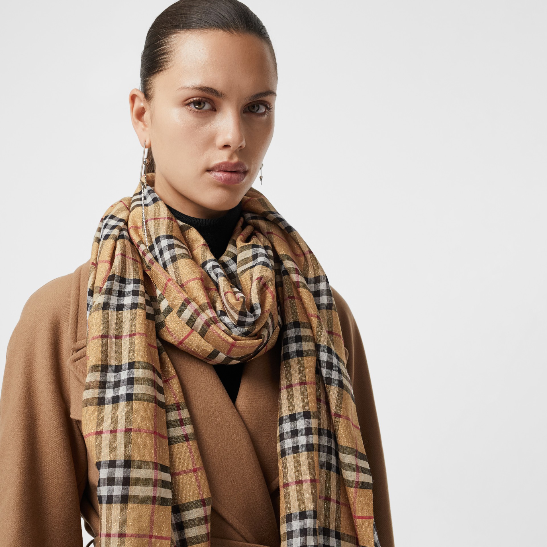 Metallic Vintage Check Wool Silk Blend Scarf in Antique Yellow | Burberry