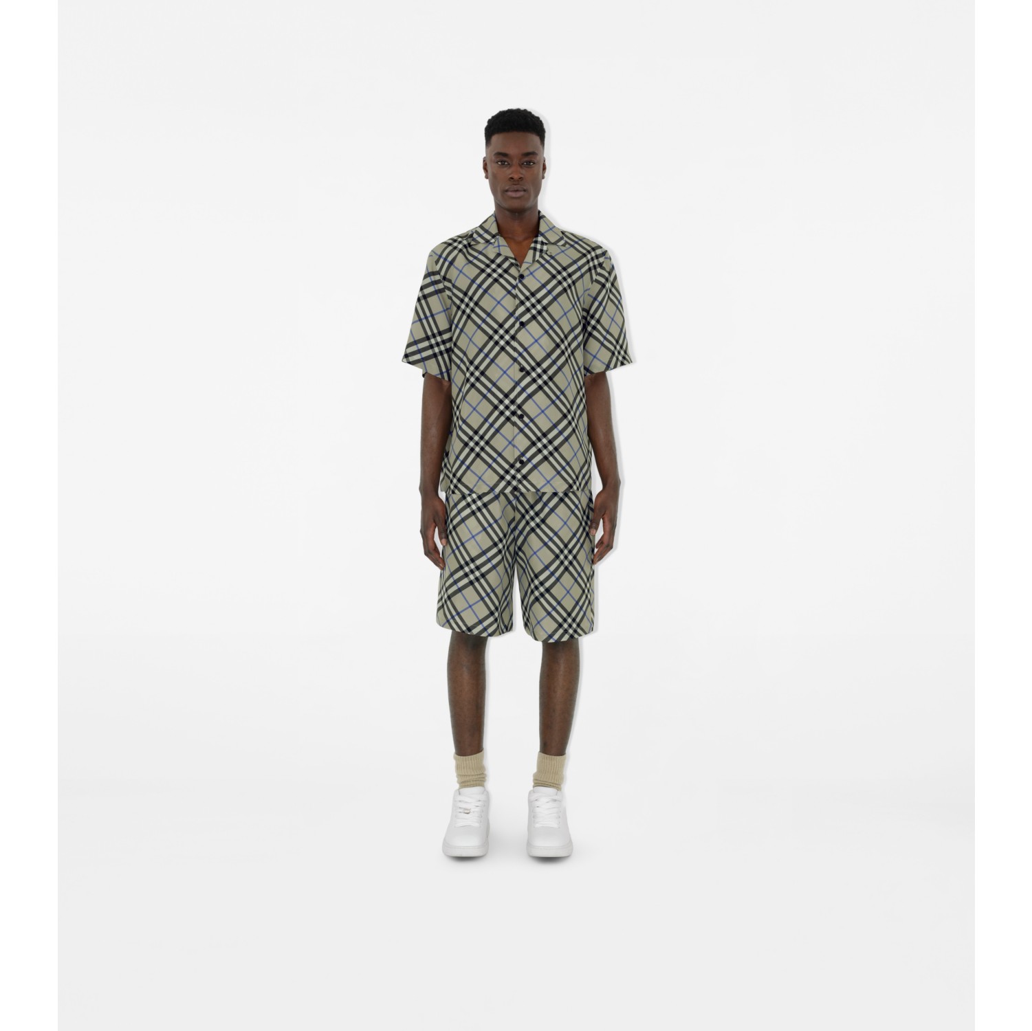 Oversized Check Silk Shirt in Lichen Men Burberry Official