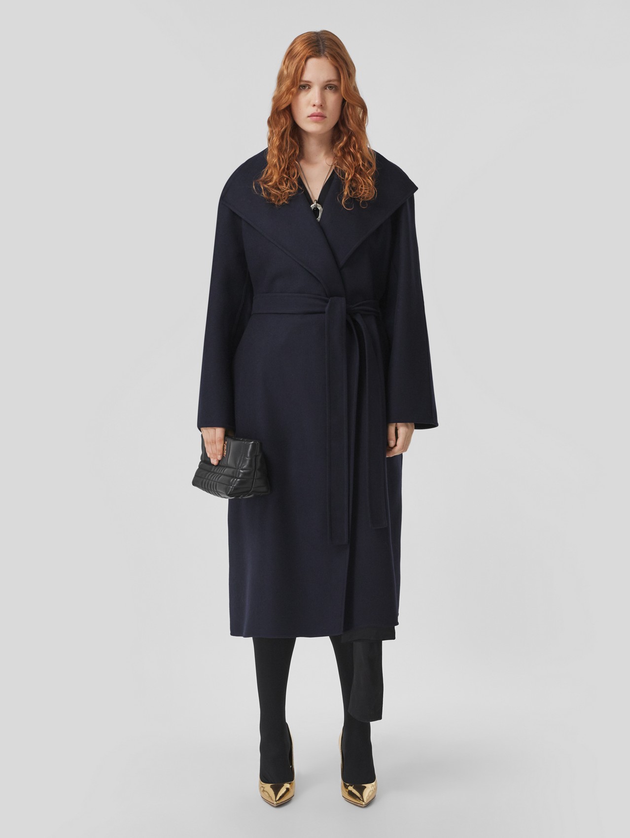 Belted Double-faced Cashmere Wrap Coat in Navy Black
