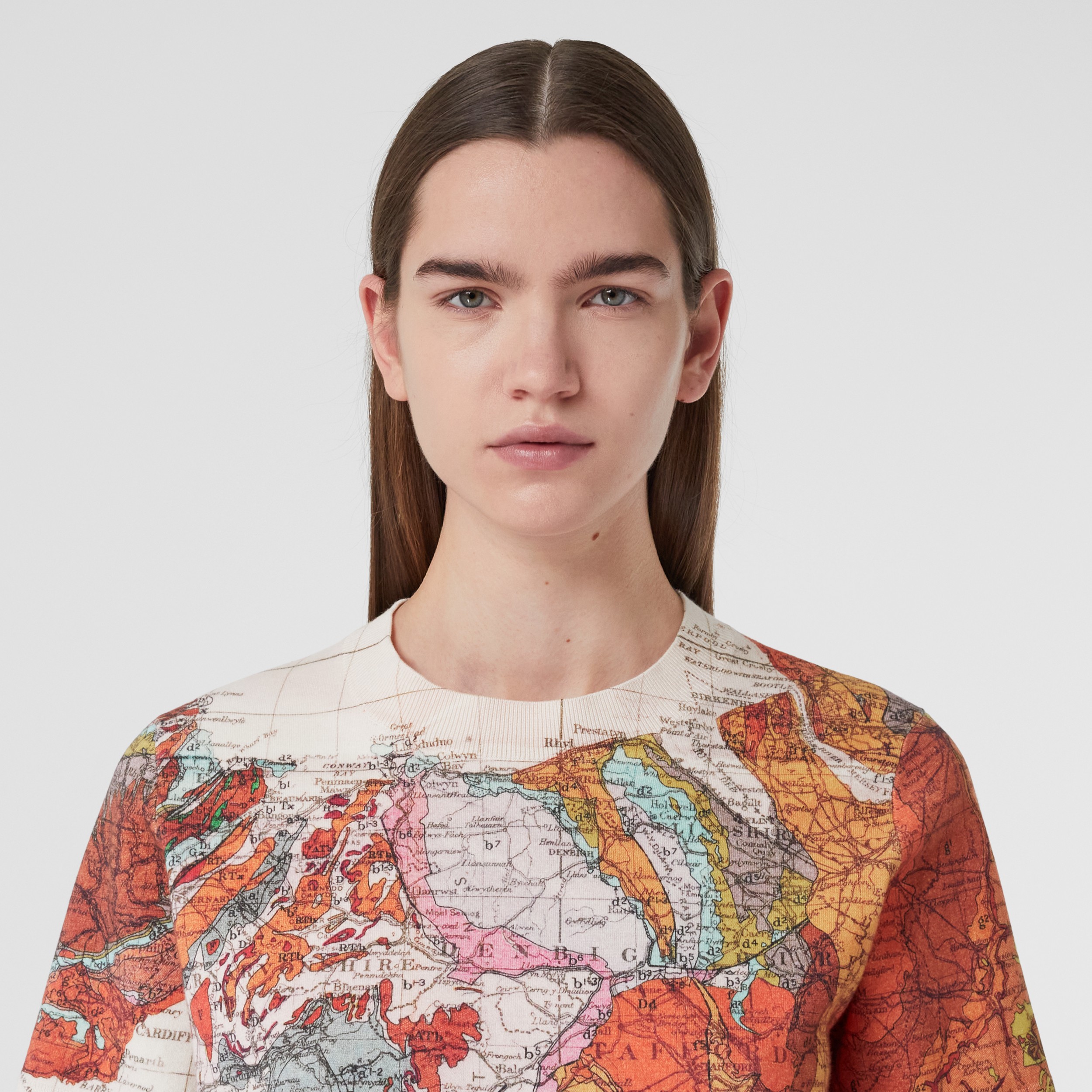 Map Print Cotton Cashmere Blend T-shirt in Bright Orange - Women | Burberry® Official - 2