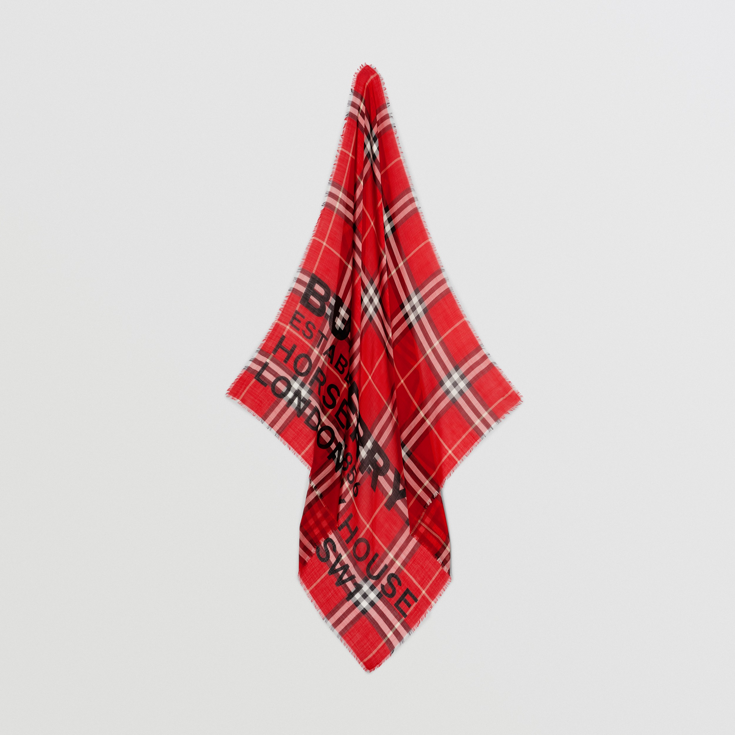 Horseferry Print Check Wool Silk Large Square Scarf in Bright Red | Burberry® Official - 4