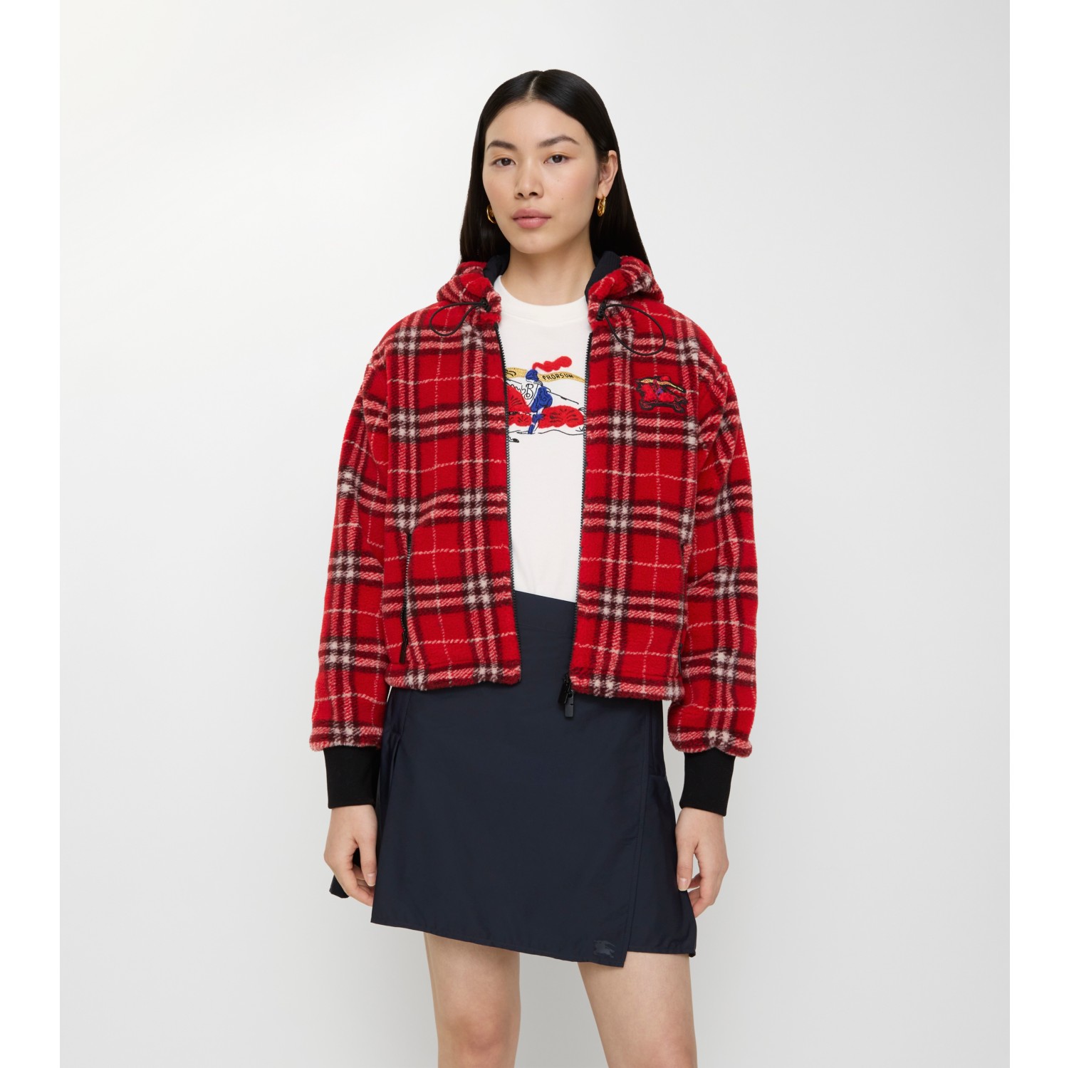 Cropped Check Fleece Hooded Jacket