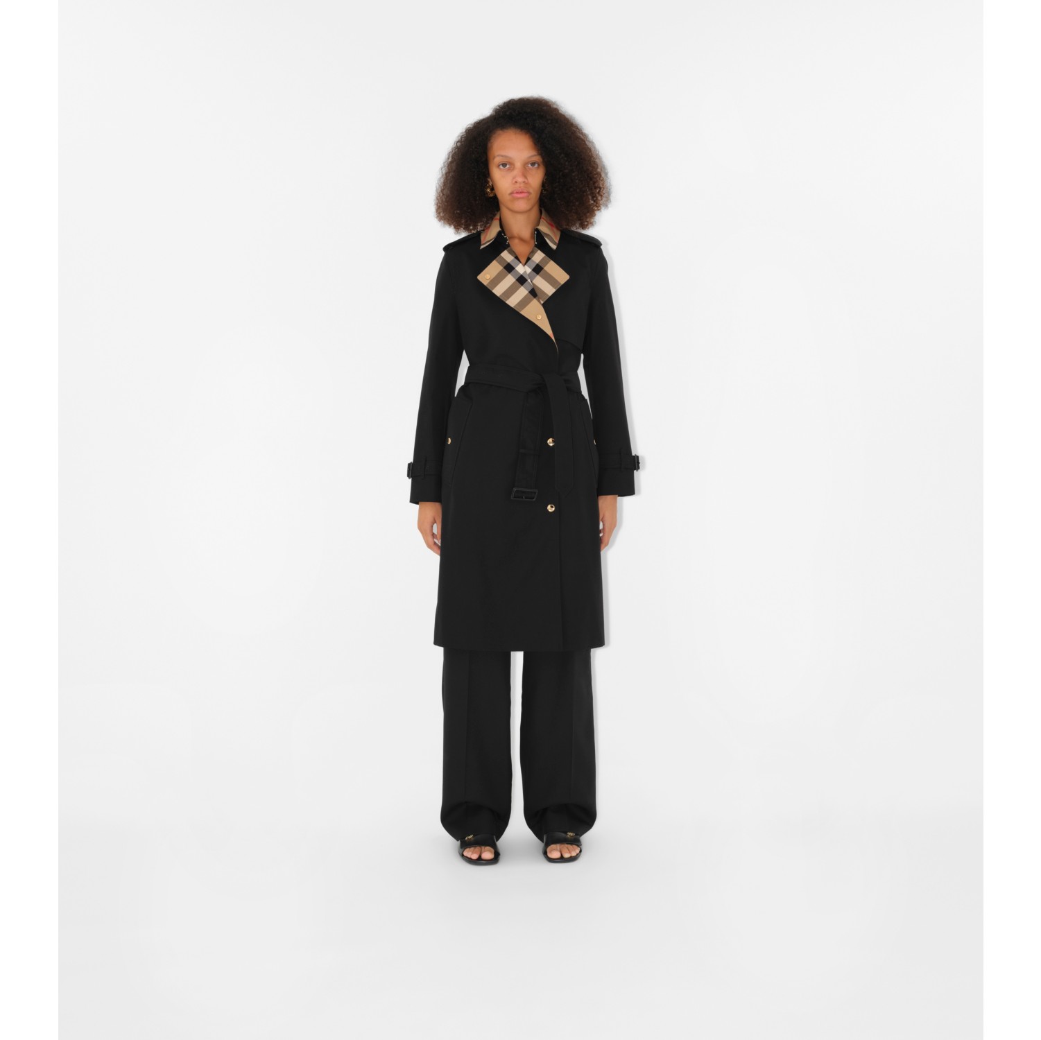 Long Check Collar Gabardine Trench Coat in Black - Women, Cotton Gabardine