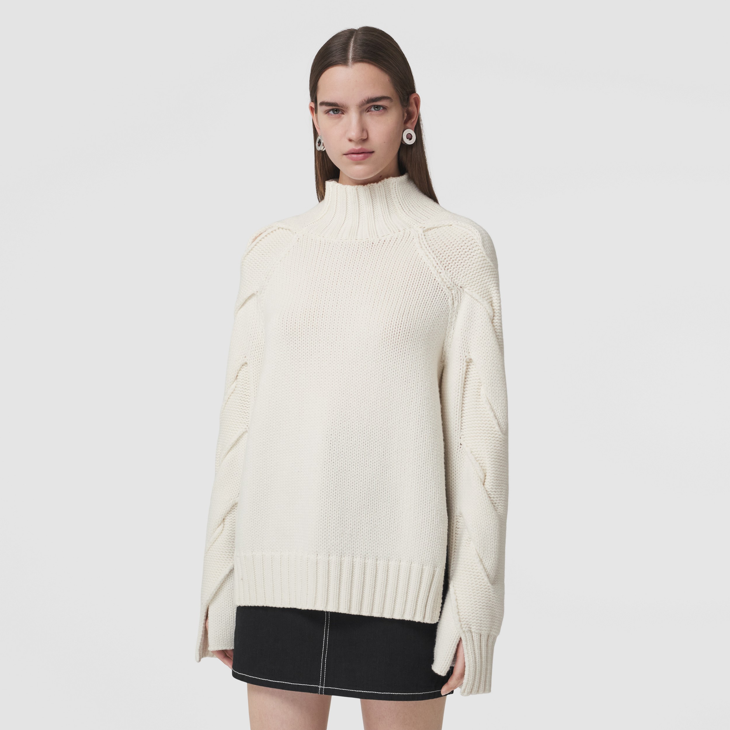 Cable Knit Cashmere Funnel Neck Sweater in Natural White - Women | Burberry® Official - 1
