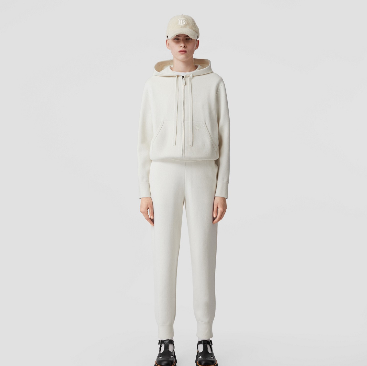 Monogram Motif Cashmere Cotton Blend Jogging Pants in Natural White - Women | Burberry® Official