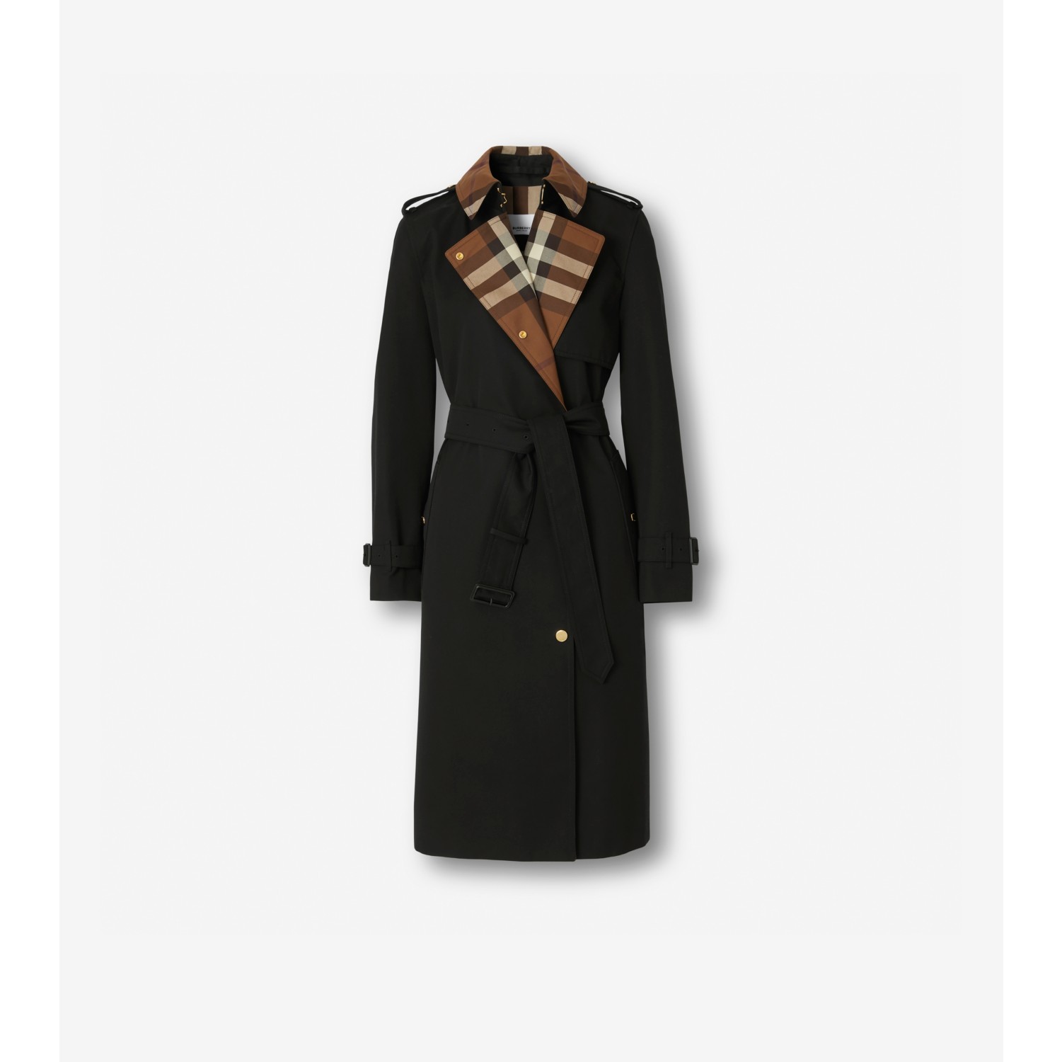 Trench coat largo en gabardina con cuello Check Negro Mujer Algodon de gabardina Burberry oficial