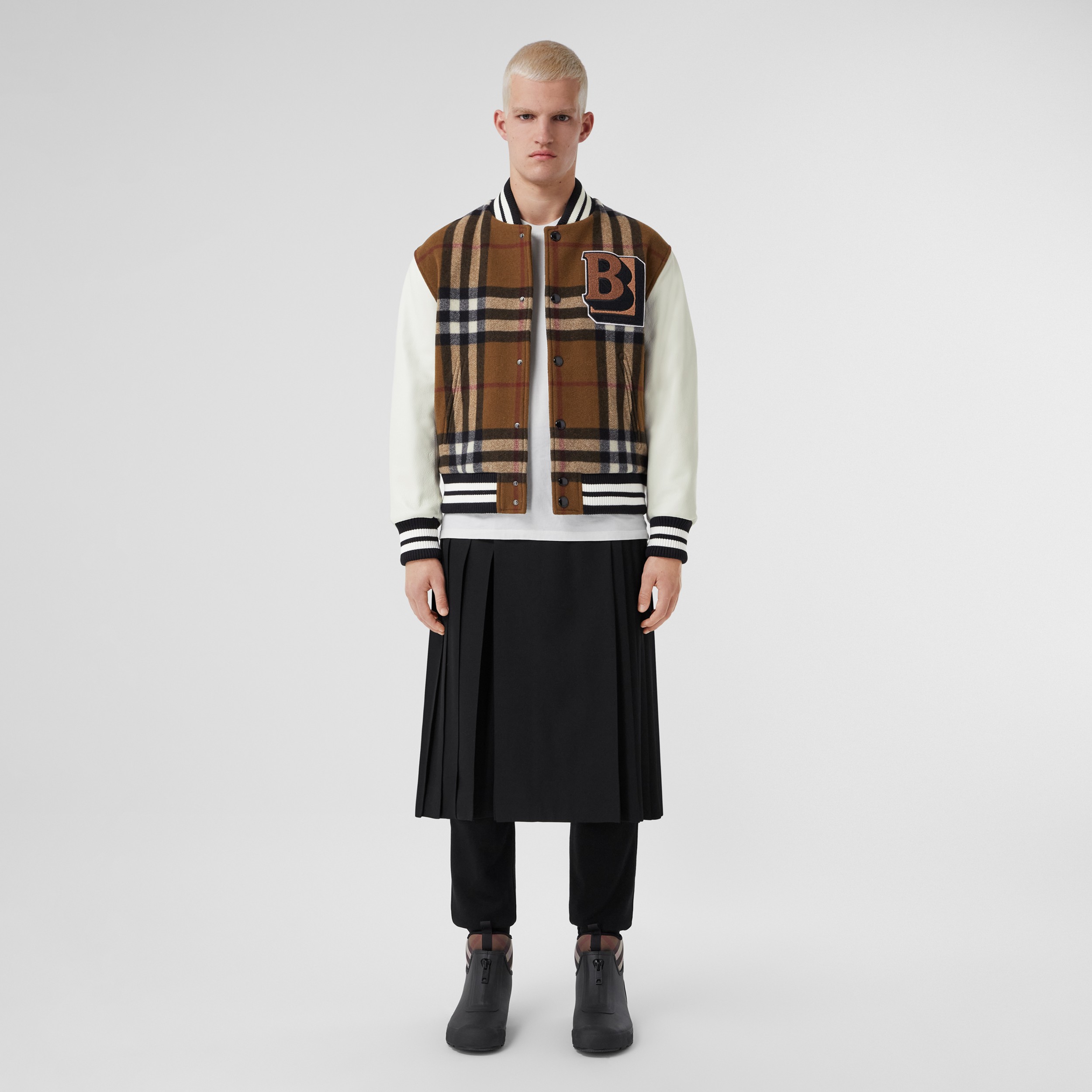 Letter Graphic Check Technical Wool Bomber Jacket in Dark Birch Brown - Men | Burberry® Official - 1