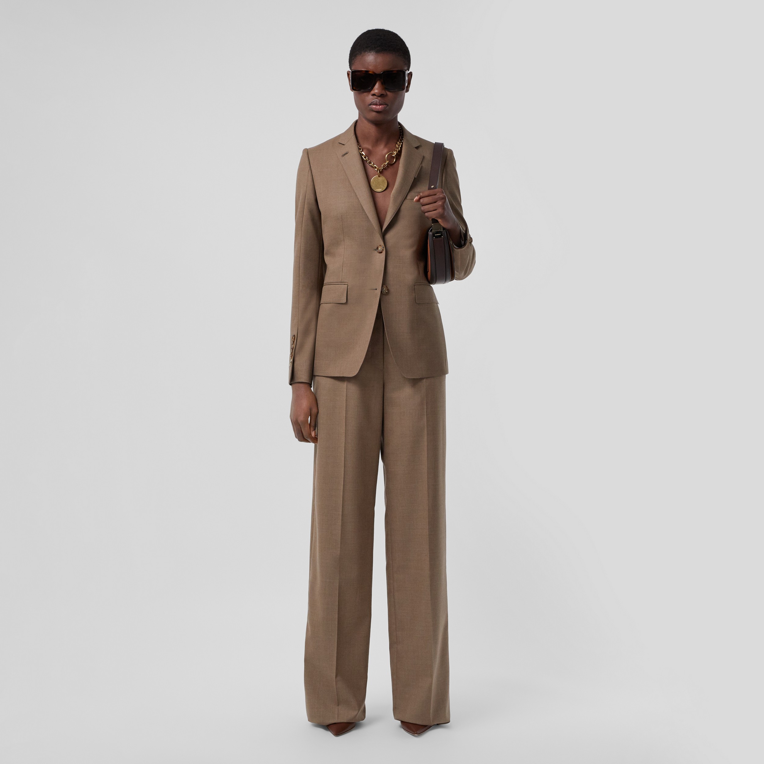 Calças estilo pantalona de lã com corte personalizado (Taupe Escuro) - Mulheres | Burberry® oficial - 1