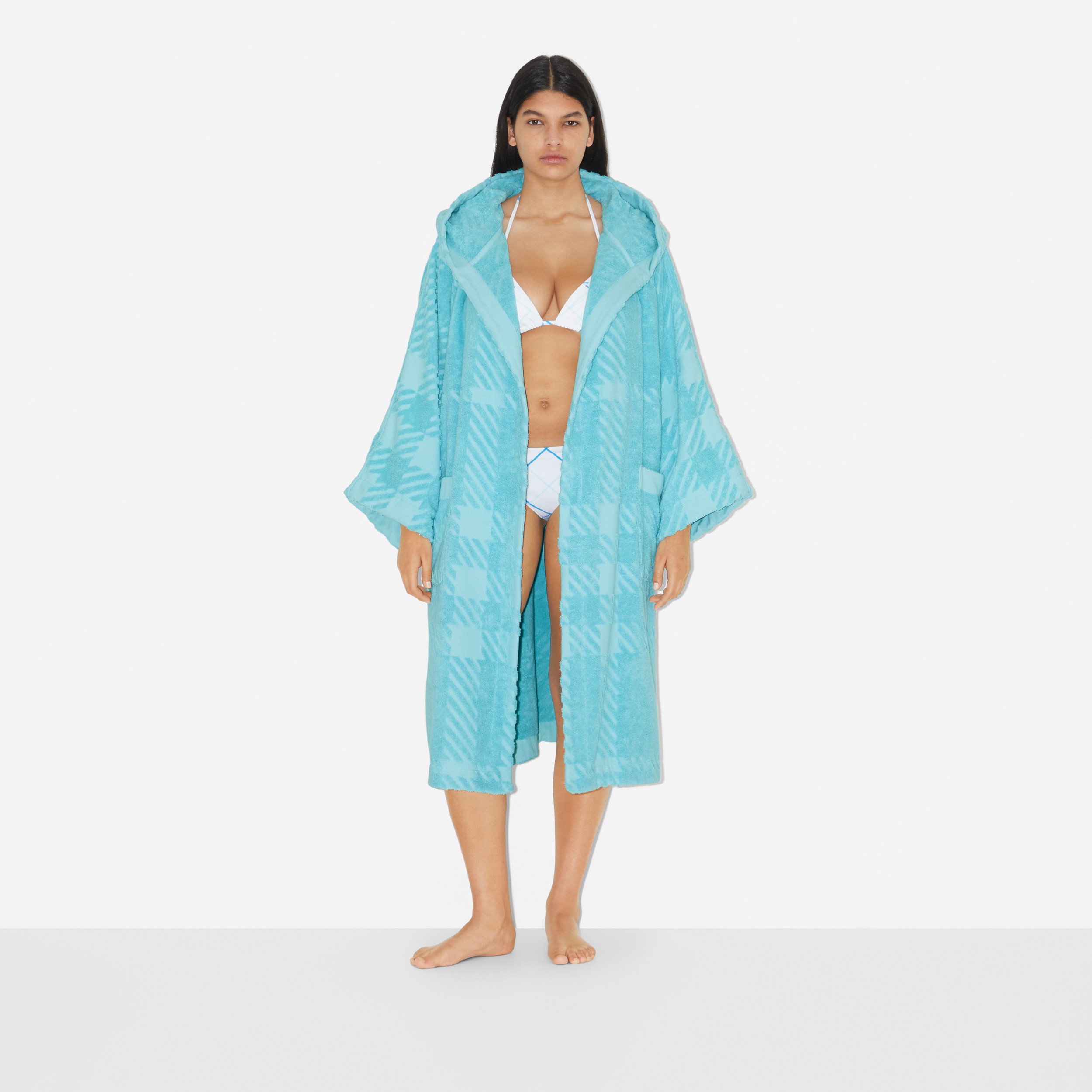 Check Cotton Jacquard Hooded Robe in Bright Blue Topaz | Burberry® Official - 4