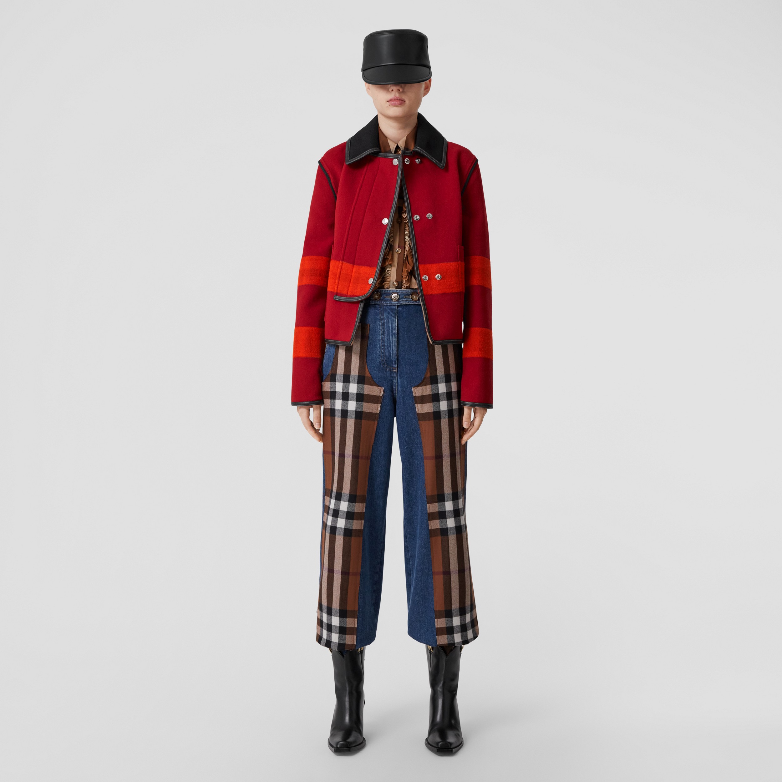 Leather Trim Striped Wool Jacket in Bright Red/dark Birch Brown - Women | Burberry® Official - 1
