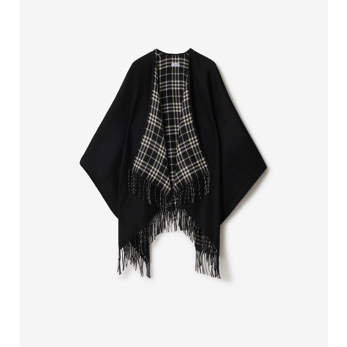 Shop Burberry Reversible Check Wool Cape In Black/calico