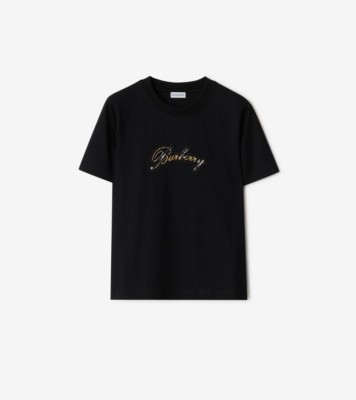 Check Cursive Logo Cotton T-shirt in Black - Women | Burberry