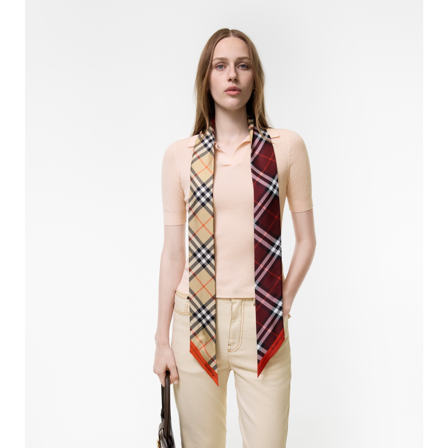 Skinny Contrast Check Silk Scarf in Sand beige/oxblood red | Burberry® Official