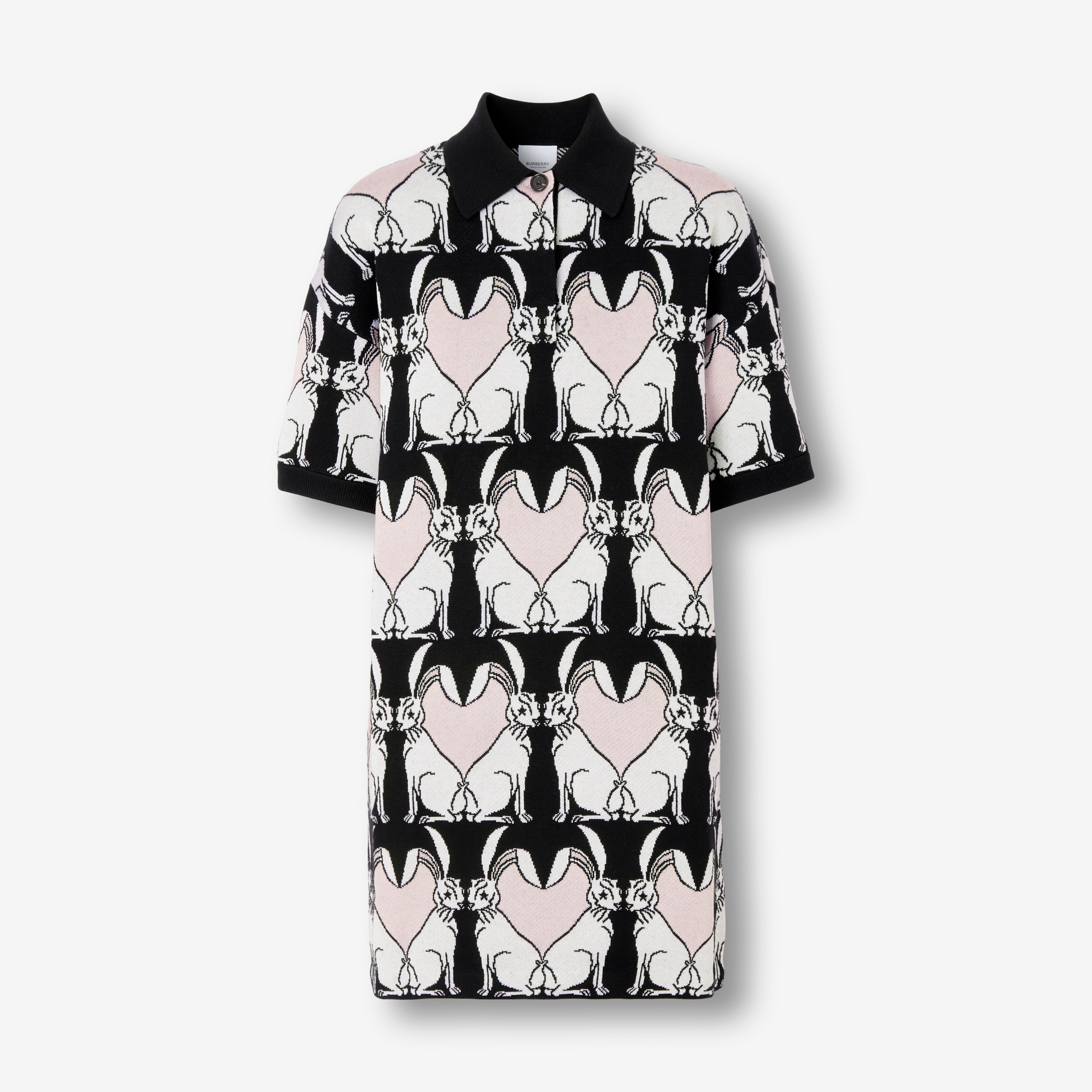 Vestido estilo camisa polo de lã com estampa de coelho em jacquard (Preto) - Mulheres | Burberry® oficial - 1