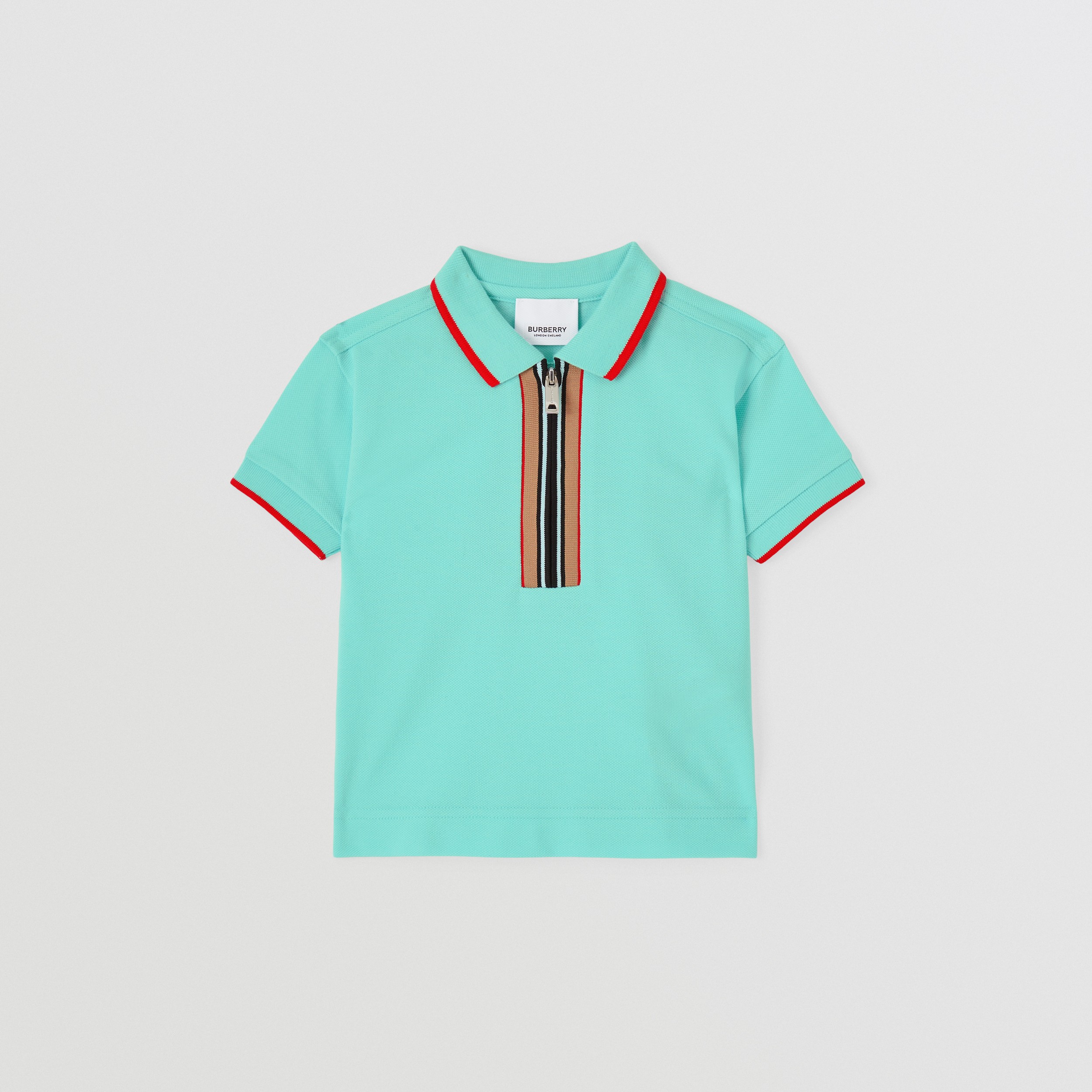 Icon Stripe Detail Cotton Zip-front Polo Shirt in Light Aqua Blue - Children | Burberry® Official - 1