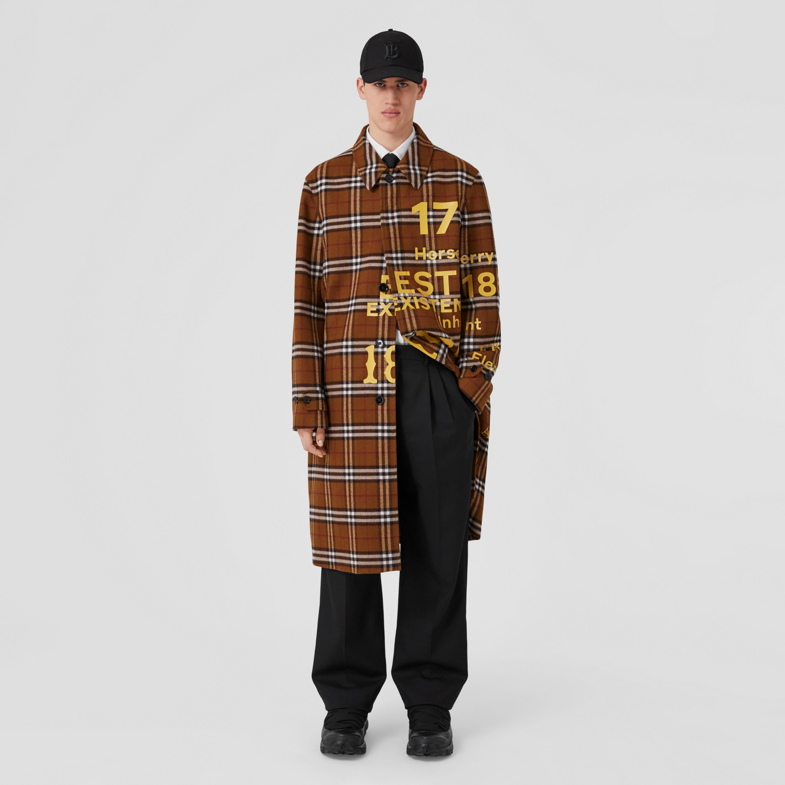 Car coat in lana con motivo tartan e stampa Horseferry (Marrone Betulla) - Uomo | Sito ufficiale Burberry® - 1
