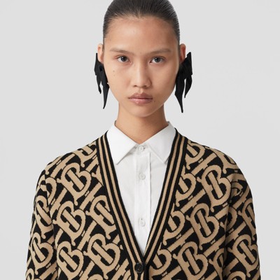 Monogram Wool Blend Jacquard Cardigan In Black - Women | Burberry® Official