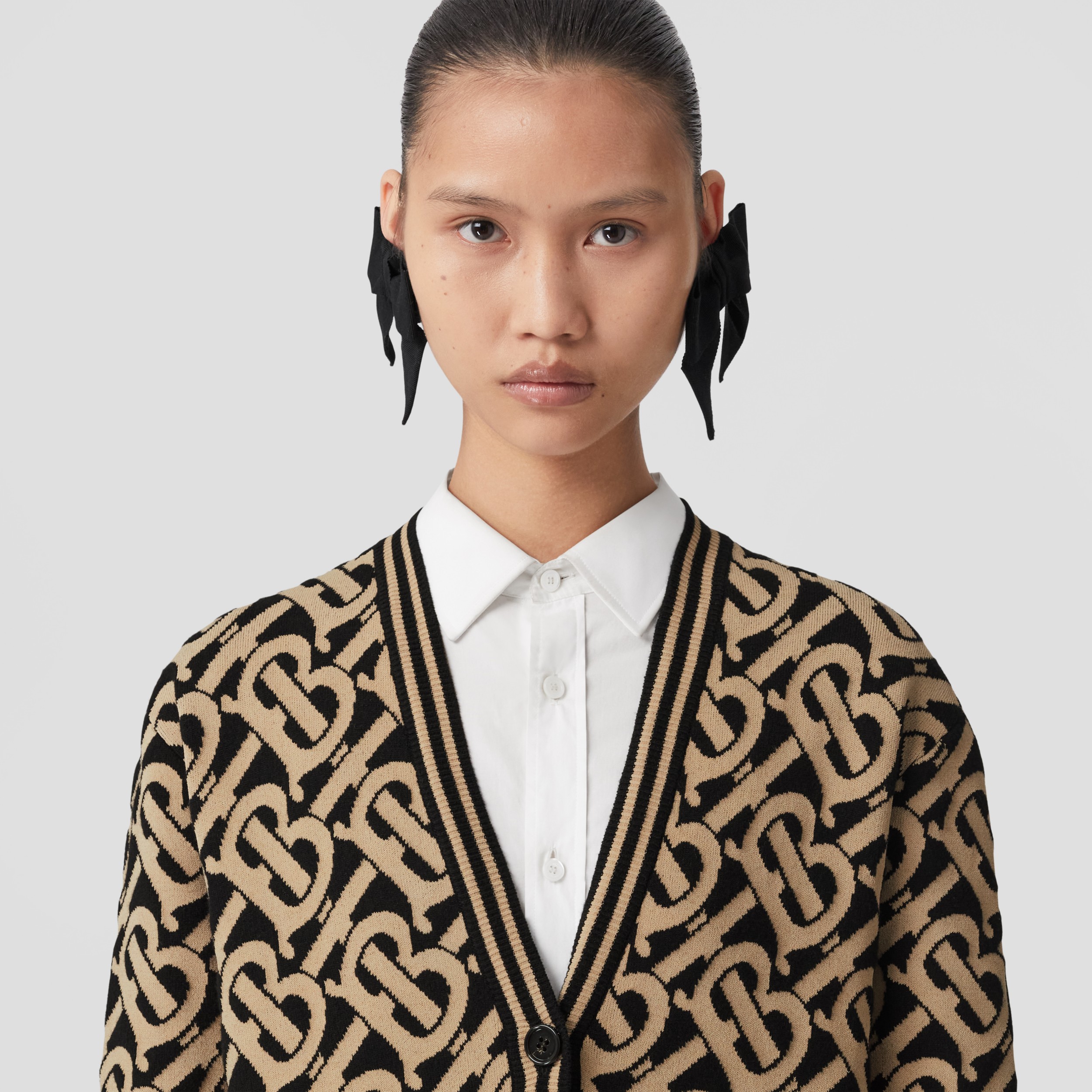 Monogram Wool Blend Jacquard Cardigan in Black Women Burberry® Official