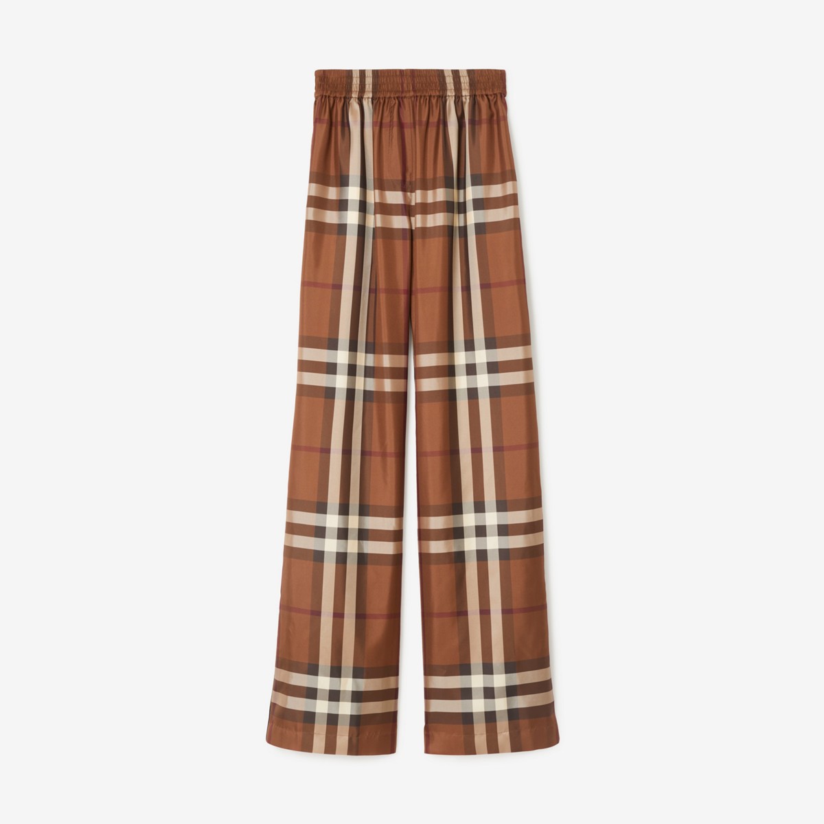 Burberry Check Silk Wide-leg Trousers In Dark Birch Brown