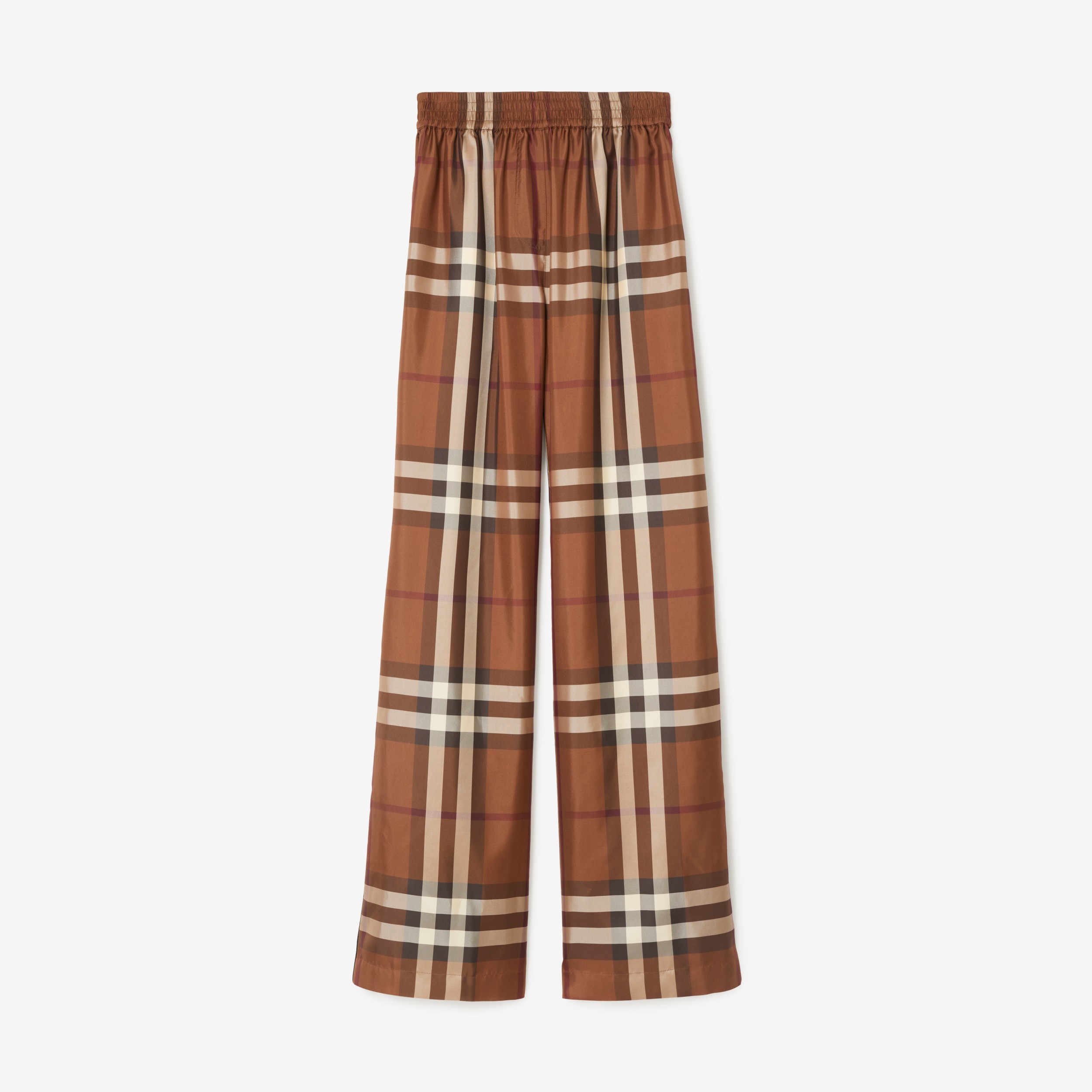 Check Silk Wide-leg Trousers in Dark Birch Brown - Women | Burberry ...
