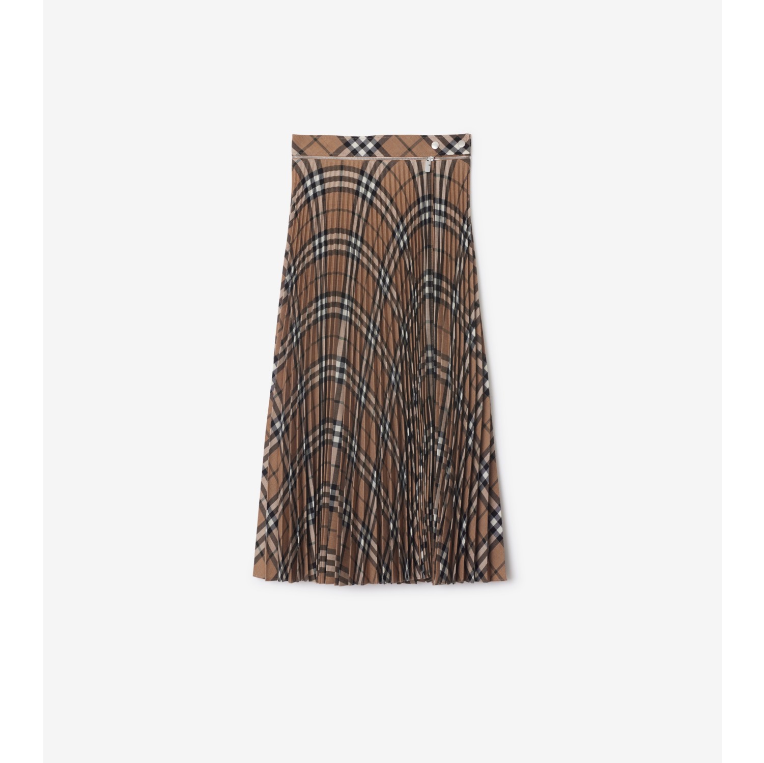 Pleated Check Wool Blend Midi Skirt