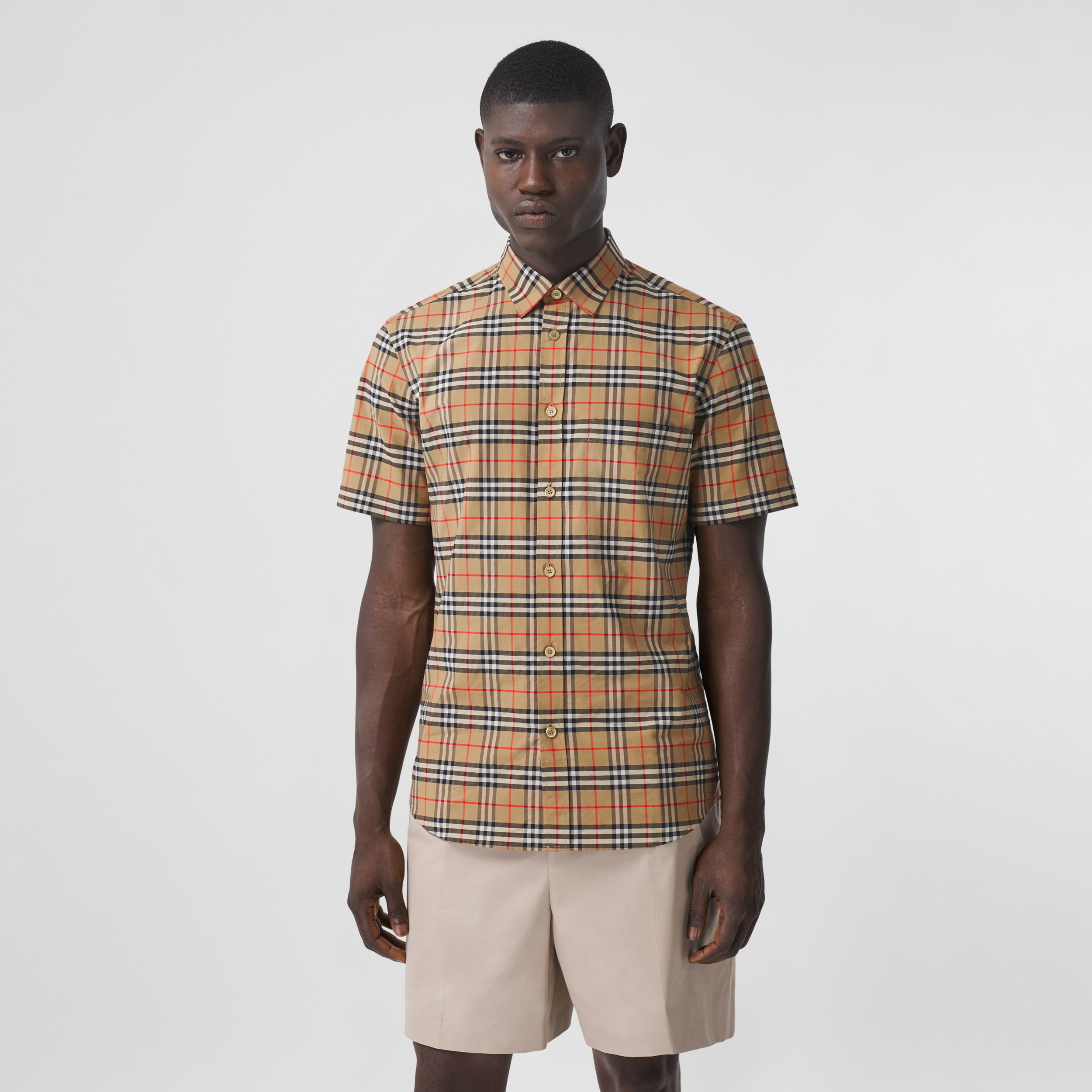 Short-sleeve Small Scale Check Stretch Cotton Shirt in Archive Beige ...