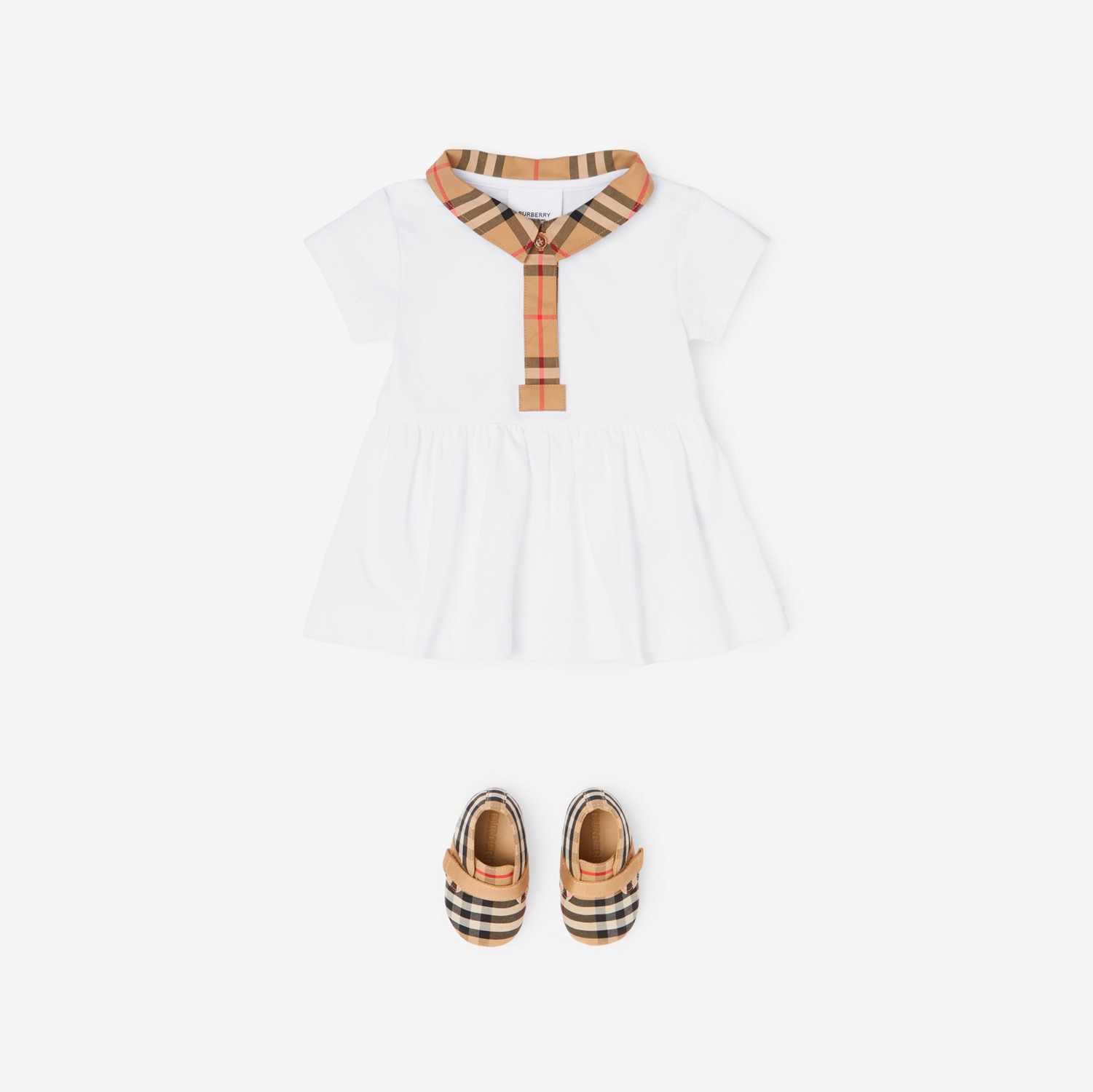 Vestido de algodão piquê stretch com detalhe em xadrez e calcinha (Branco) - Crianças | Burberry® oficial