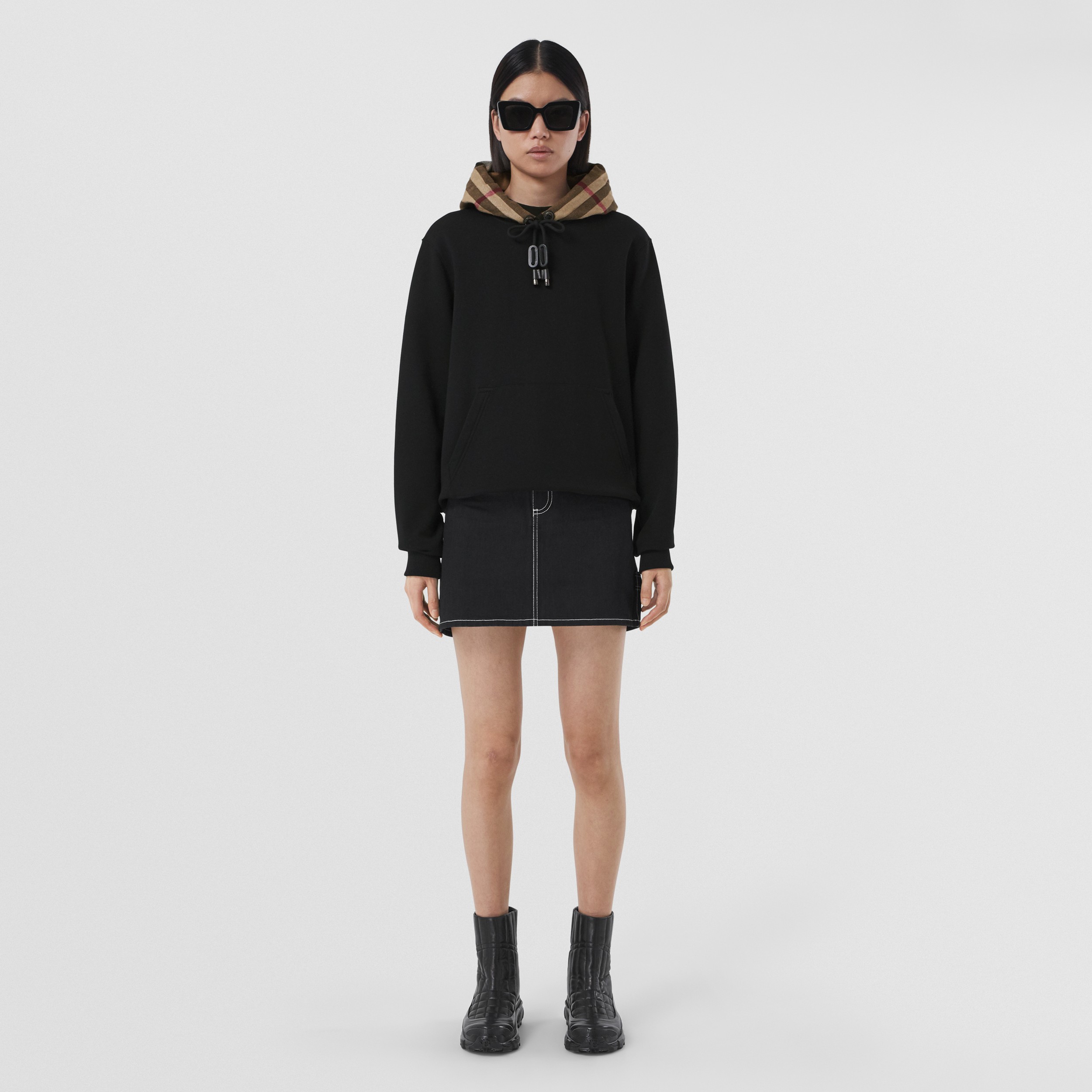 Check Hood Cotton Oversized Hoodie in Black - Women | Burberry® Official - 1