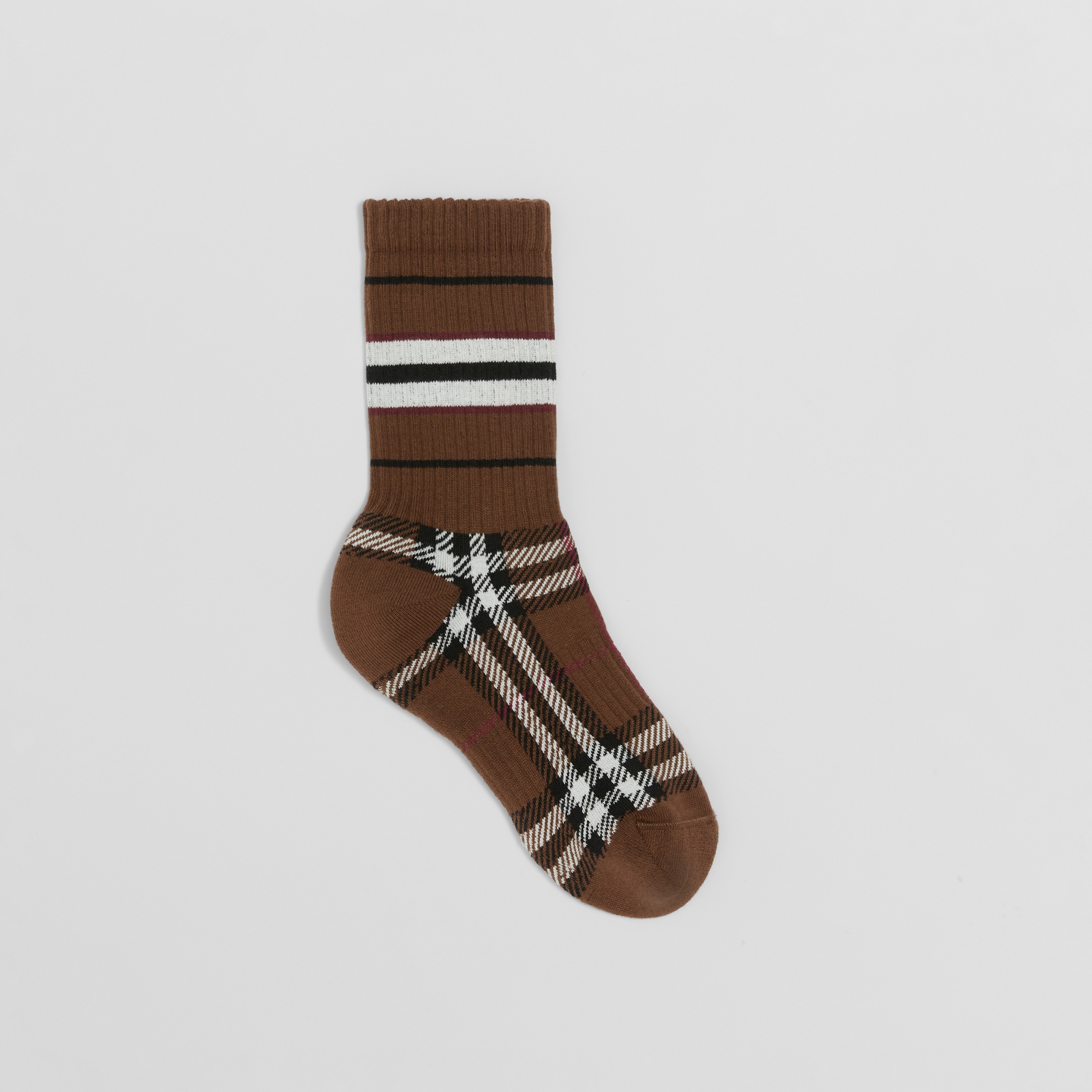 Check and Stripe Stretch Cotton Socks in Birch Brown | Burberry® Official - 1