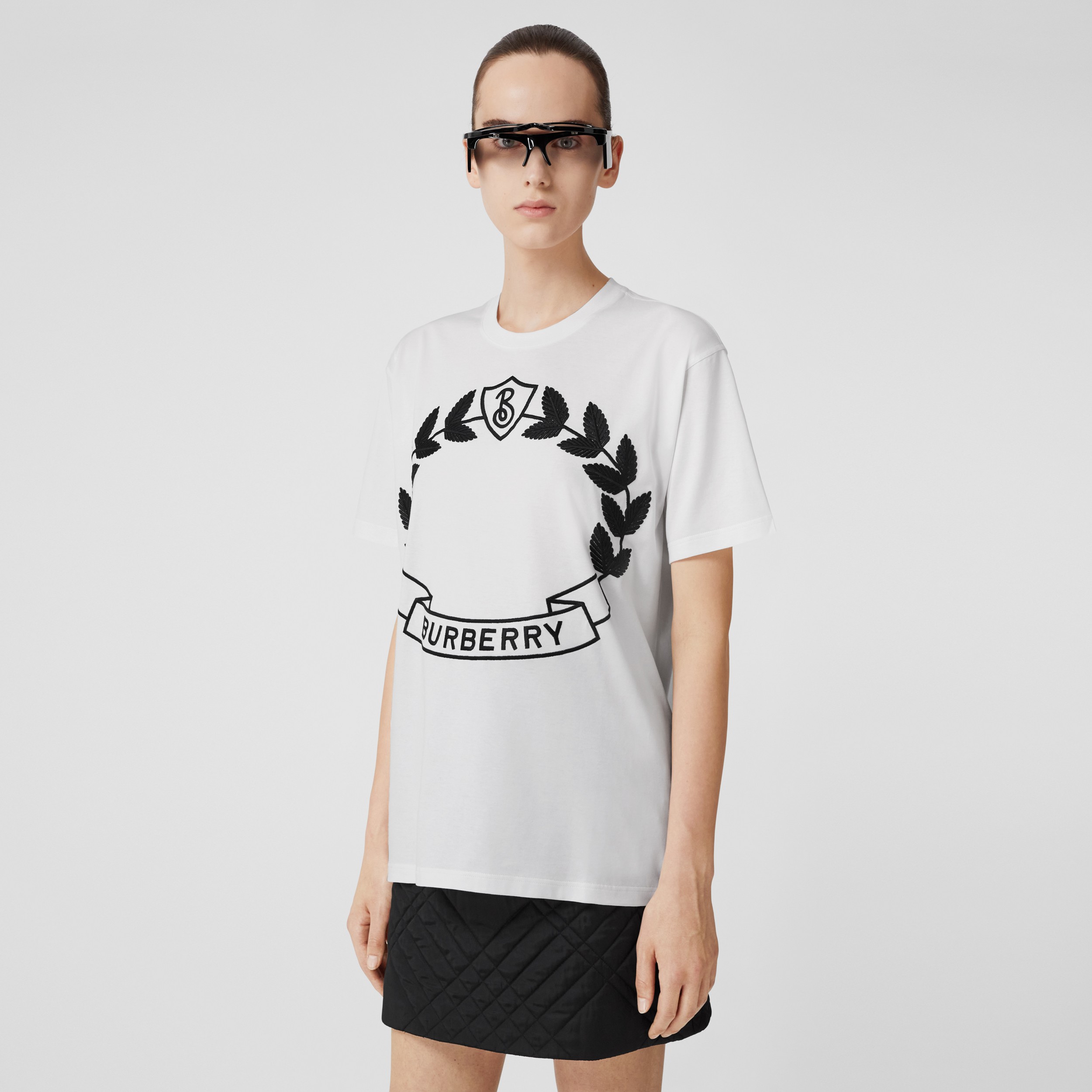 Oak Leaf Crest Motif Cotton Oversized T-shirt in White - Women | Burberry® Official - 1