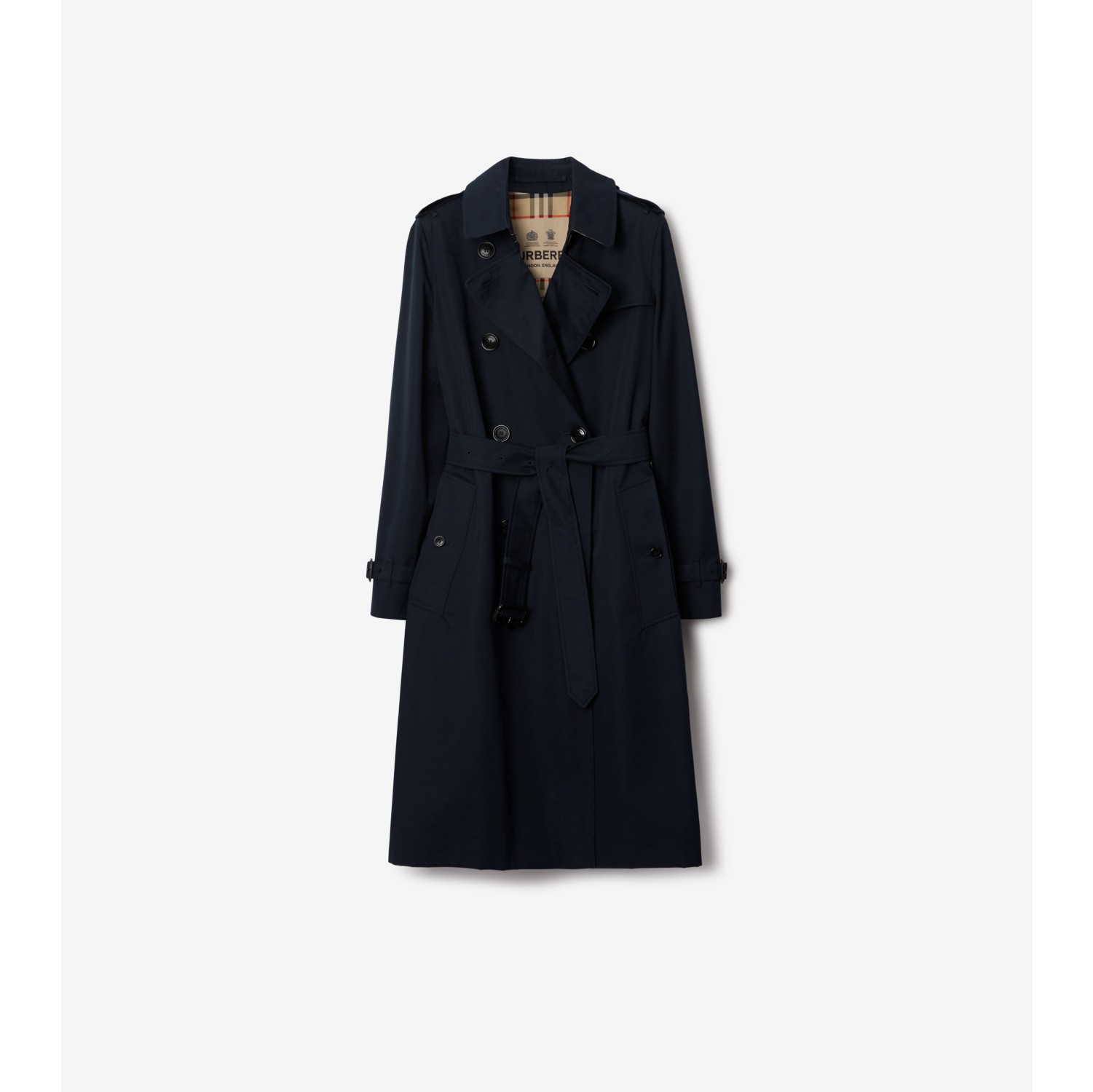 Long Kensington Heritage Trench Coat in Coal blue Women Cotton Gabardine Burberry Official